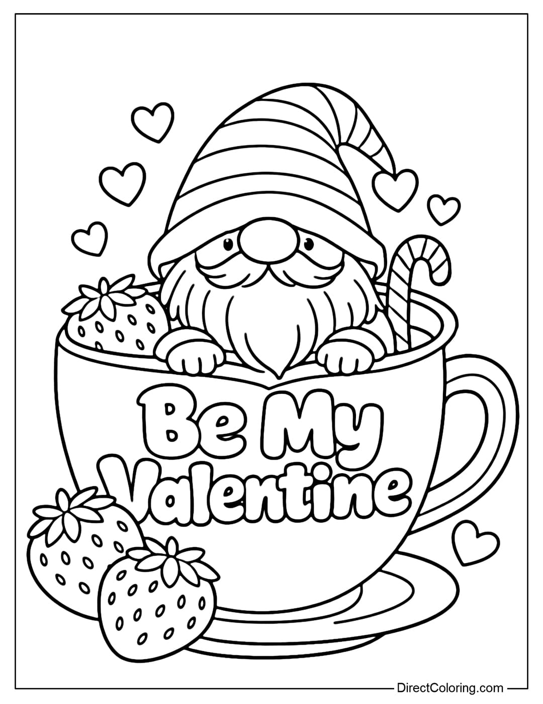 A coloring page of a gnome sitting inside a large heart-shaped mug, with the words 