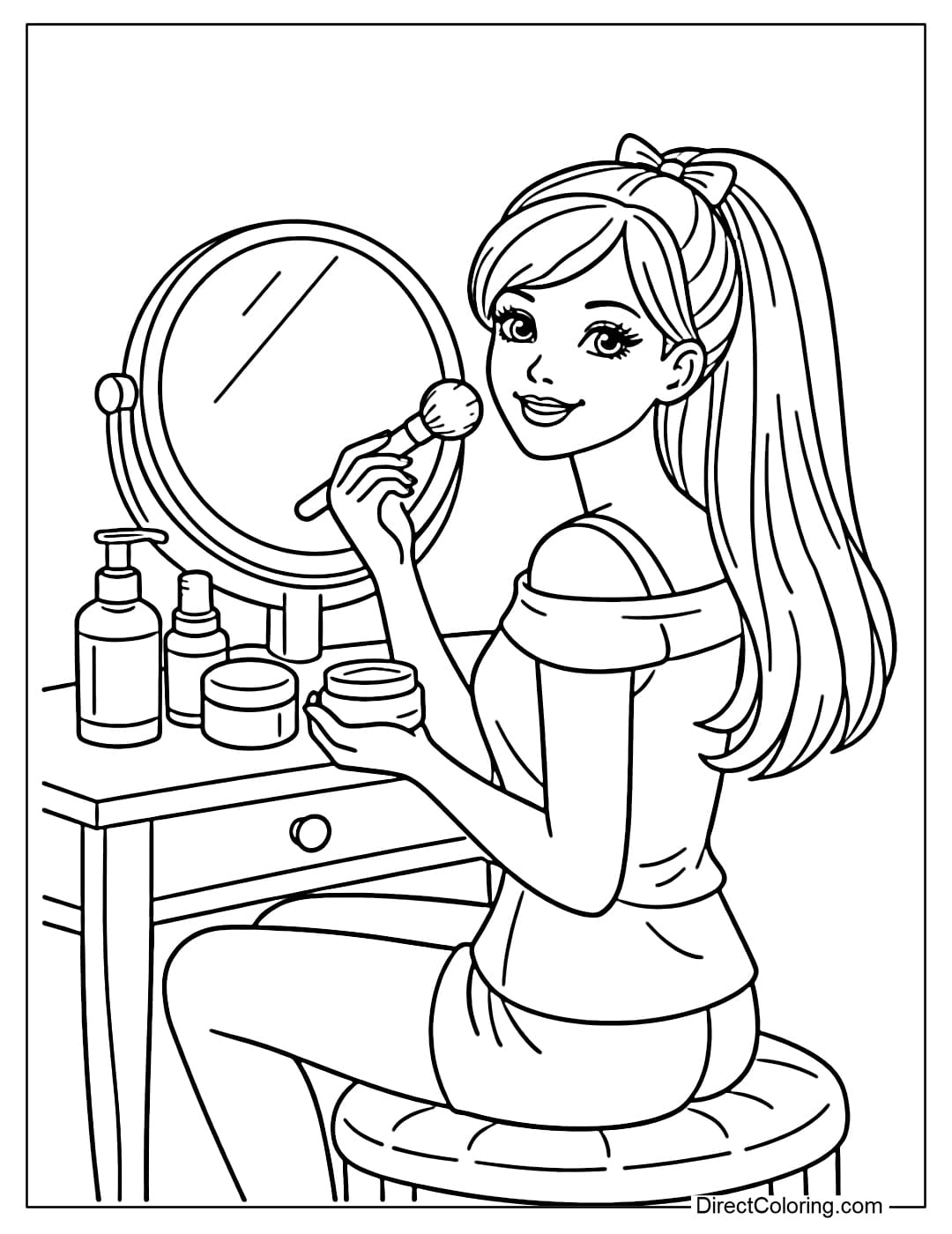 Barbie is sitting in front of a dressing table, holding a makeup brush, with a few simple skincare bottles on the table.