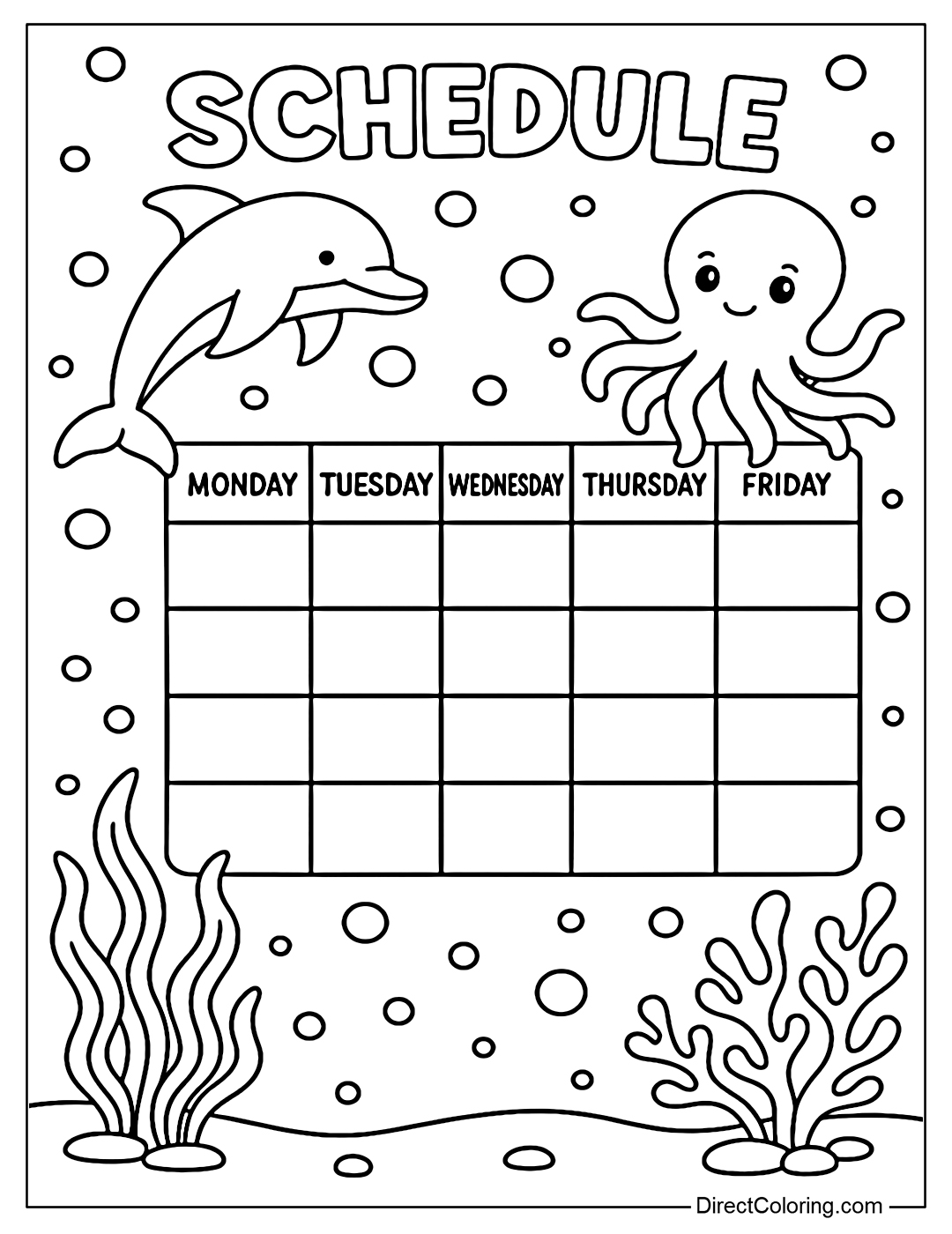 A deep sea schedule coloring page with dolphins, octopuses and bubbles.