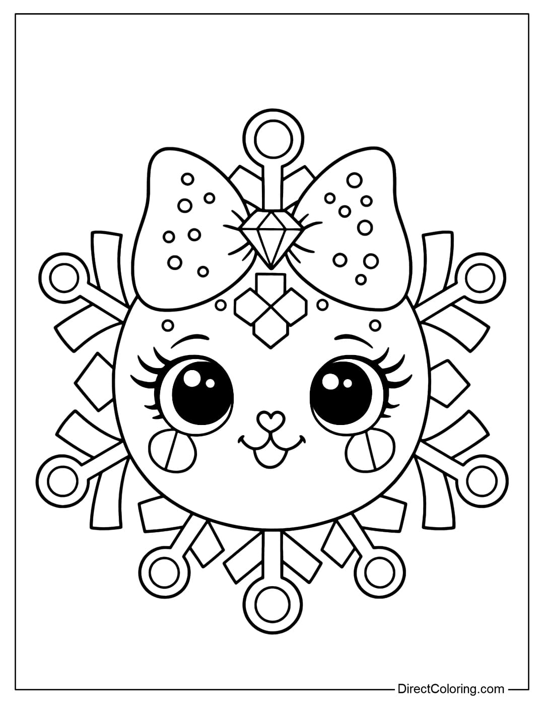 A coloring page of a princess-style snowflake with big eyes, a small heart-shaped nose, and a diamond-shaped stone on its forehead.