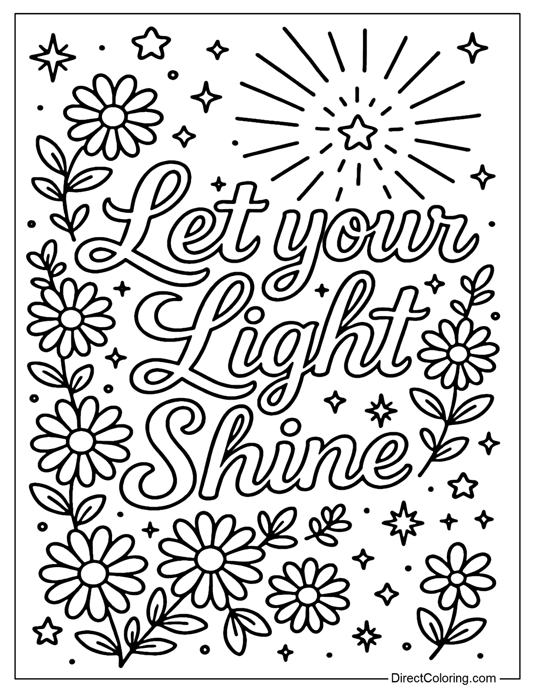 A Let Your Light Shine coloring page stretches into three rows, the font flutters like a ribbon. Surrounding the letter are small daisy, star and light motifs.