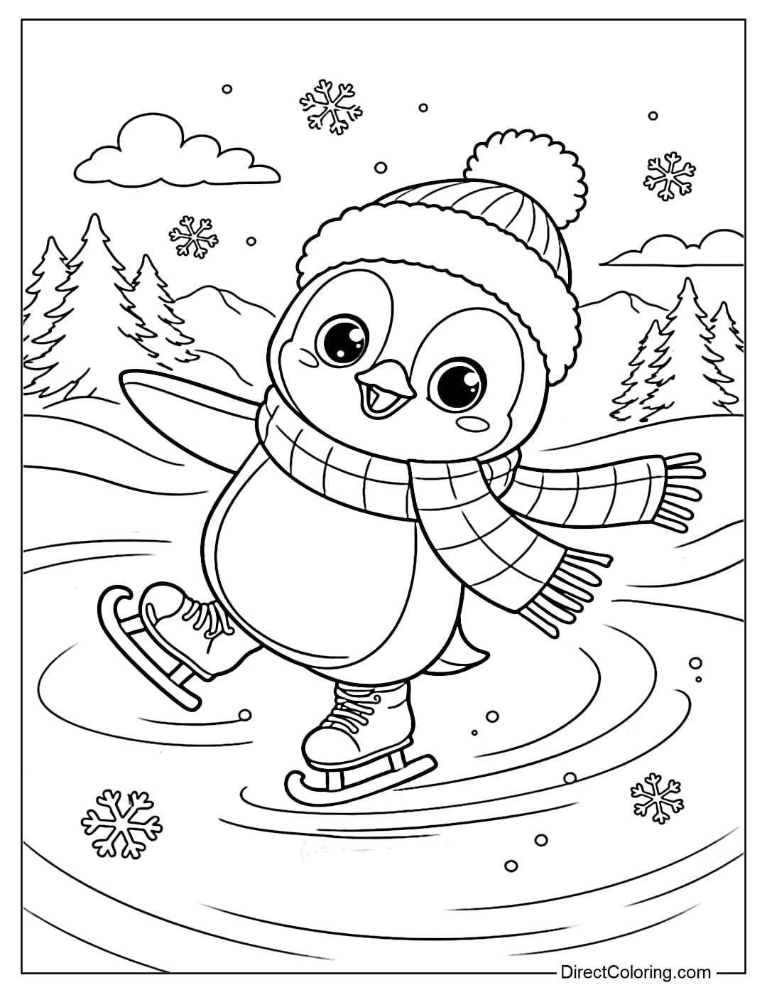 A coloring page of a penguin sliding on the ice, its body slightly tilted, wings spread out for balance.
