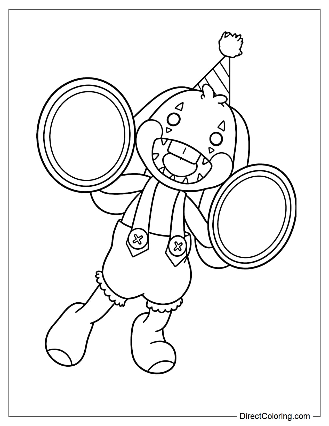 Bunzo Bunny from Poppy Playtime wears overalls with X-shaped snaps, a birthday hat, a cheerful face, and holds two record players.