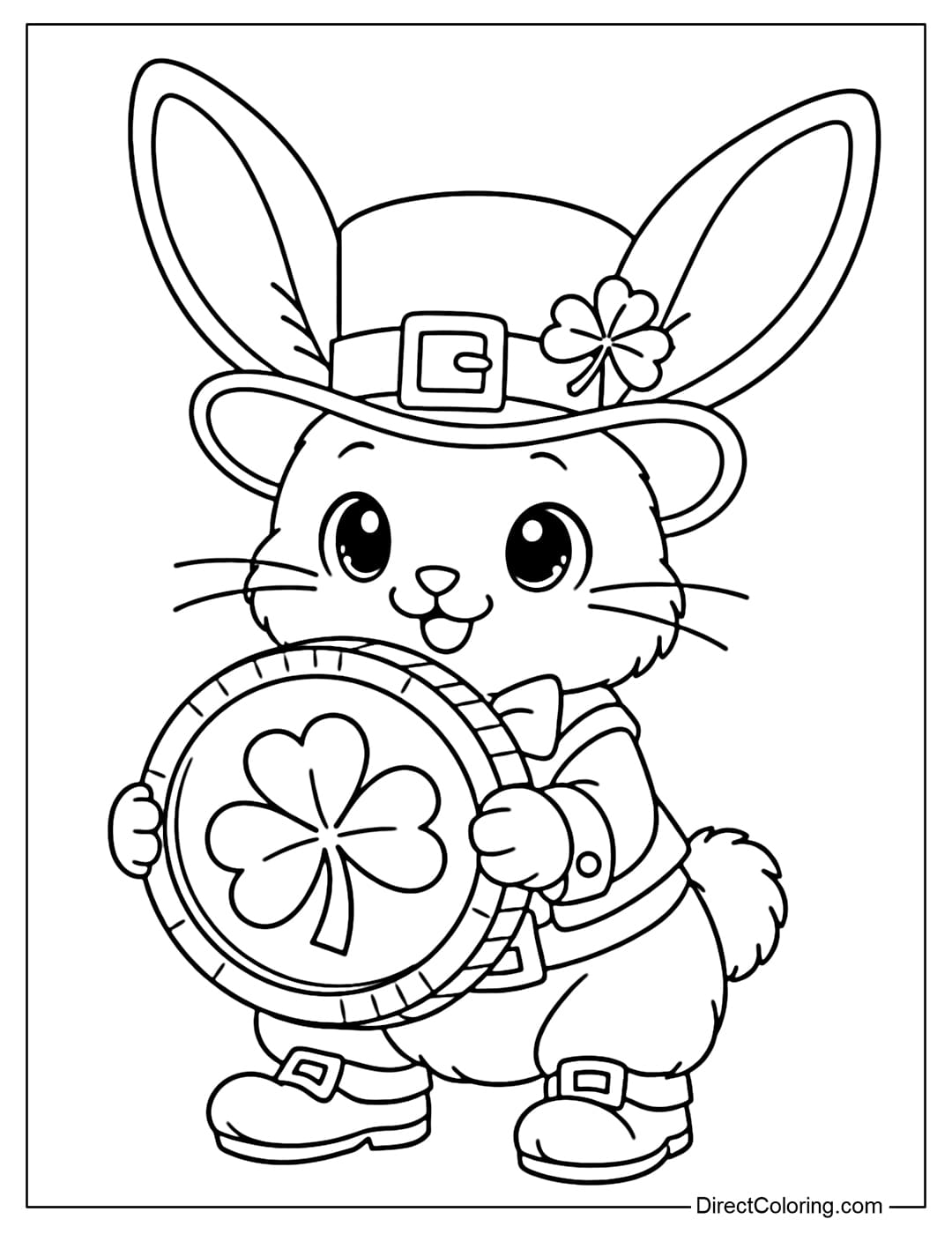 A coloring page of a Leprechaun-style bunny holding a large gold coin, with long ears and a funny green hat.