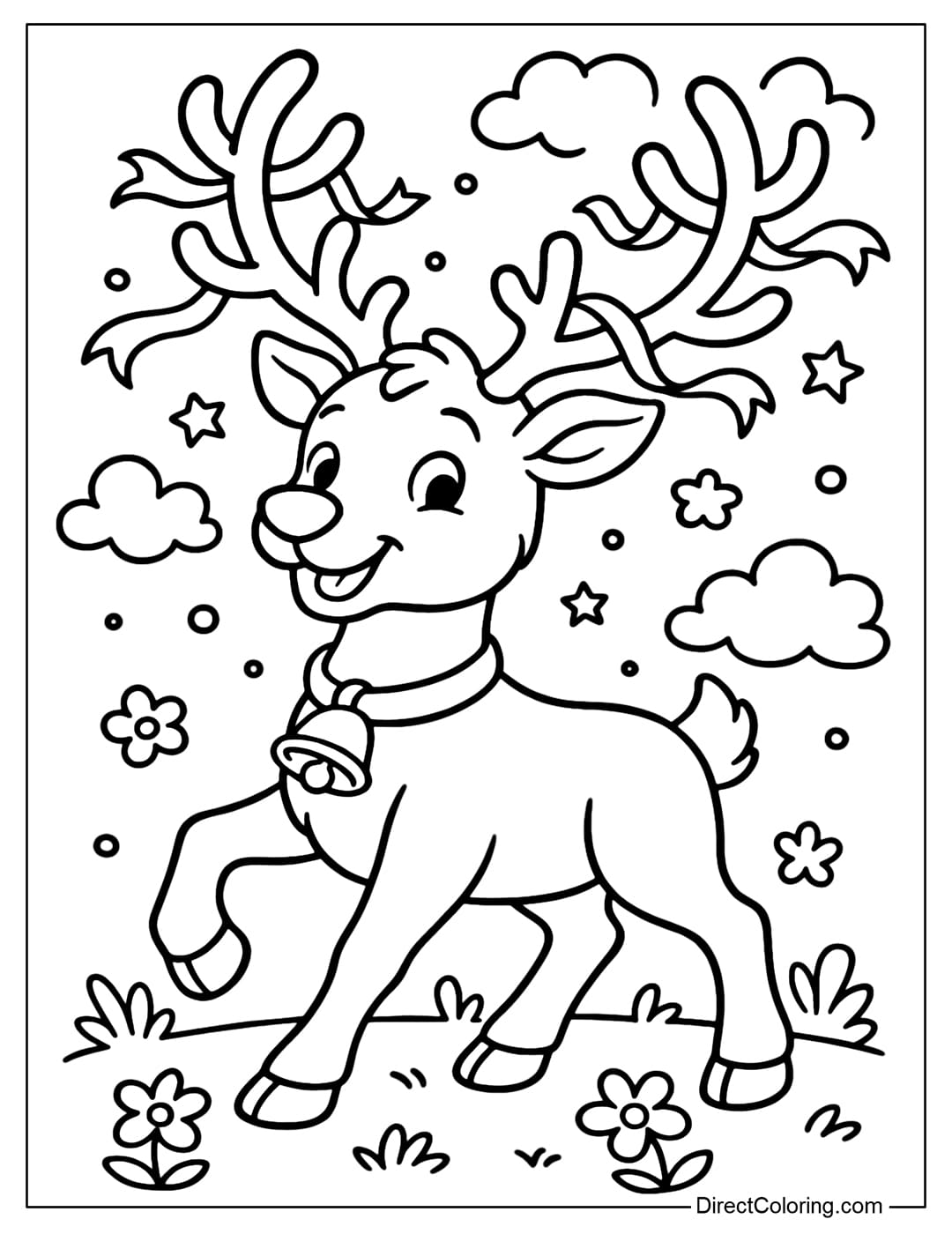 Reindeer with Bells Coloring Page A coloring page of a reindeer wearing a small bell around its neck, with a few ribbons hanging from its horns.