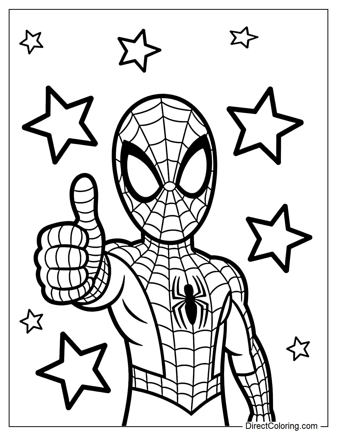 Spider-Man is giving a thumbs-up with a cheerful, friendly expression, surrounded by several large, simple stars.