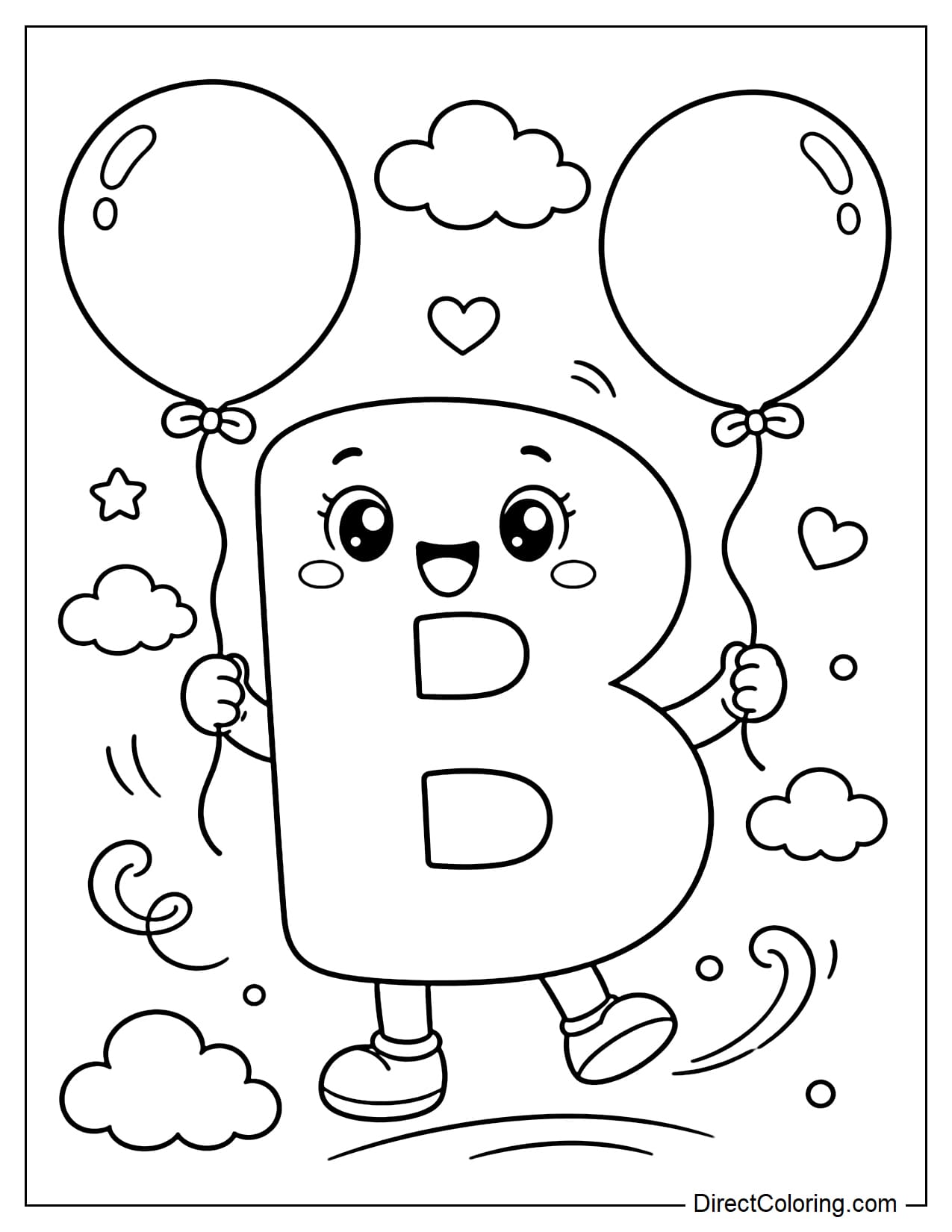 The cute letter B has a cheerful face, holding two large balloons, surrounded by clouds.