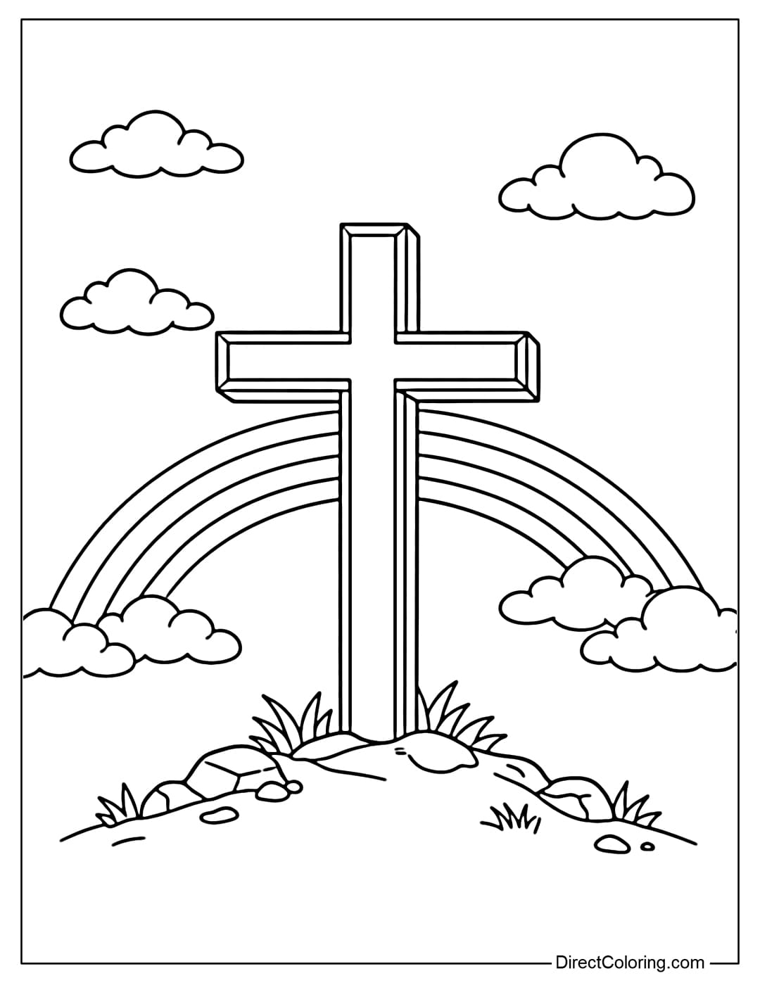 A coloring page of a cross standing under a sky with a gently curving rainbow behind it and a few small clouds.