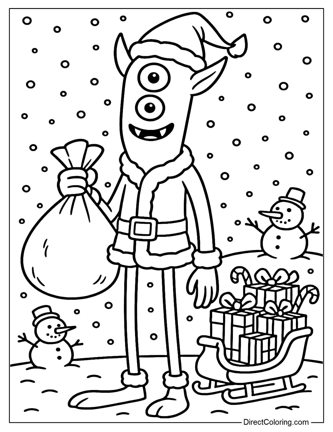 A tall monster coloring page with three vertical eyes, wearing a Santa suit, holding a big gift bag, standing next to a mini sleigh filled with gift boxes and a few candy canes.