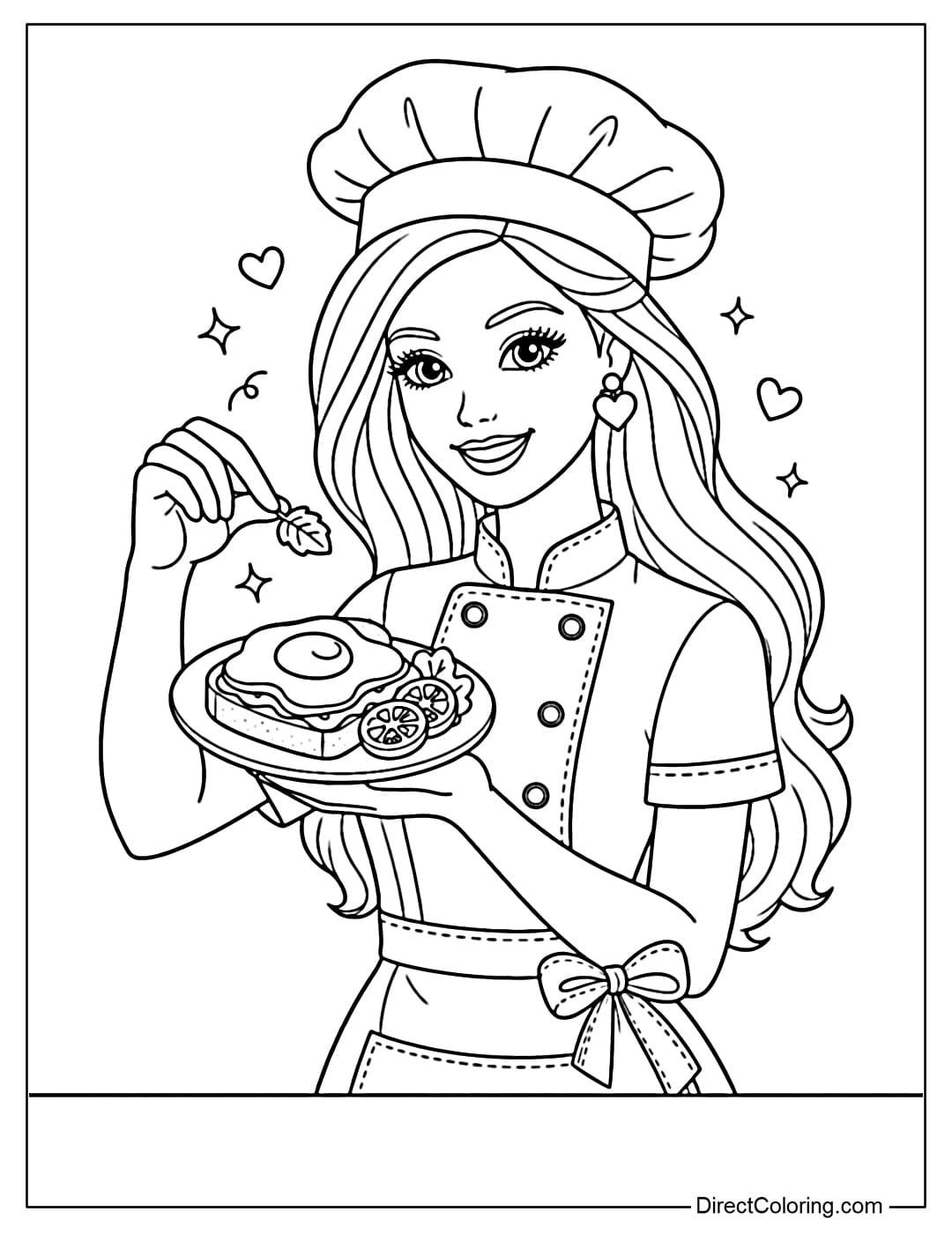 A coloring page of Barbie as a chef holding a plate of delicious food.