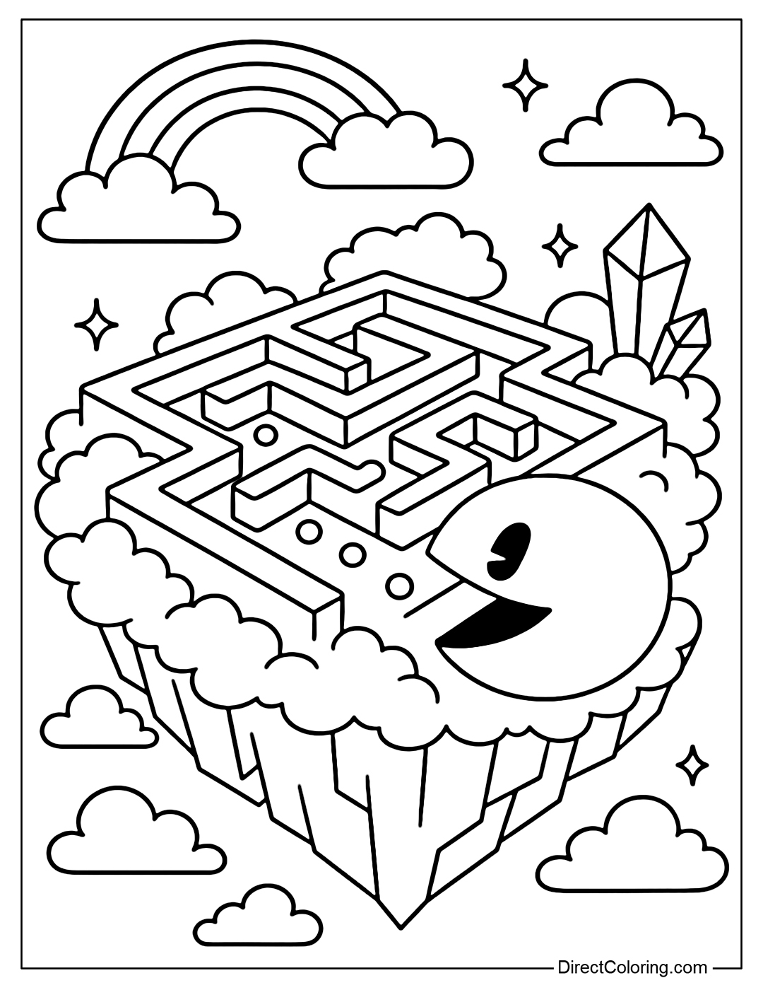 Coloring page of a maze-shaped island floating in the sky, Pac-Man explores the clouds, with rainbows and crystals.
