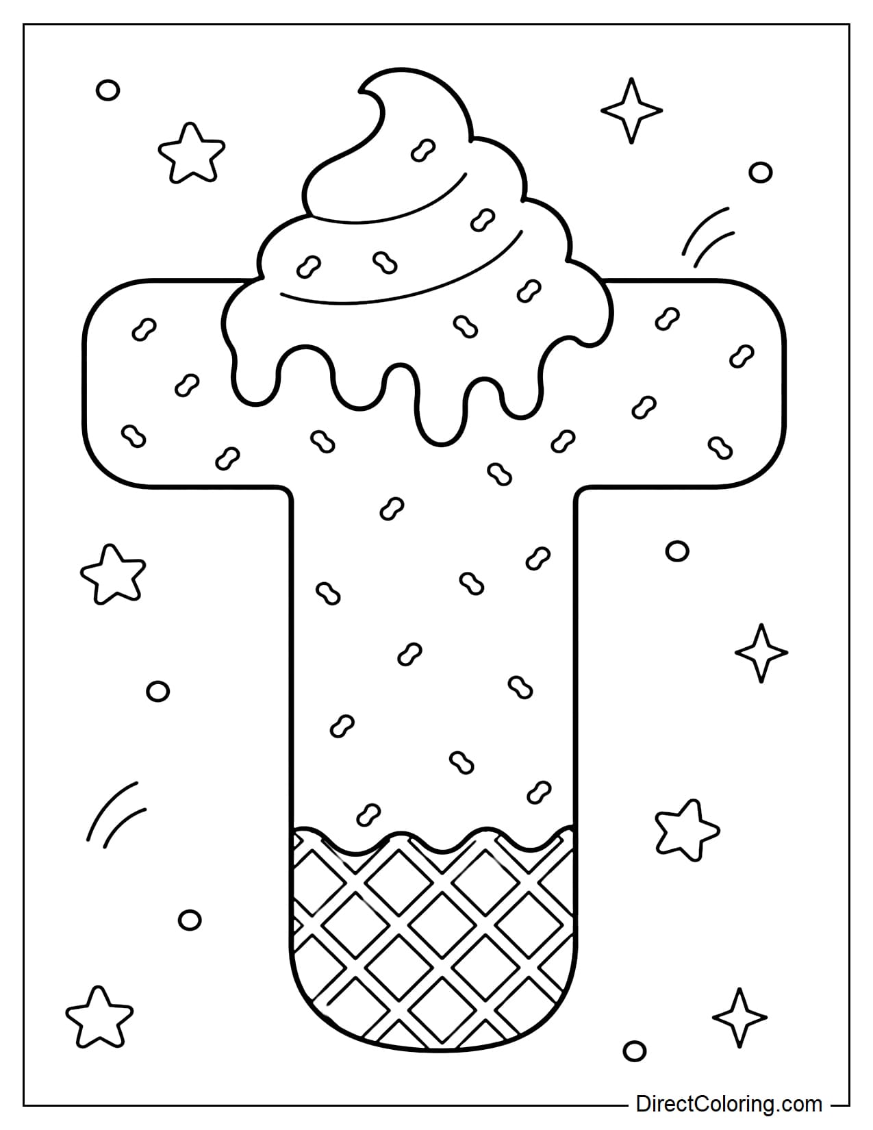 A large, bubble-shaped capital letter T made from soft serve ice cream, with a light, melting cream topping. The entire letter is sprinkled with tiny sprinkles, and the base has a waffle texture. It is surrounded by small stars and dots.