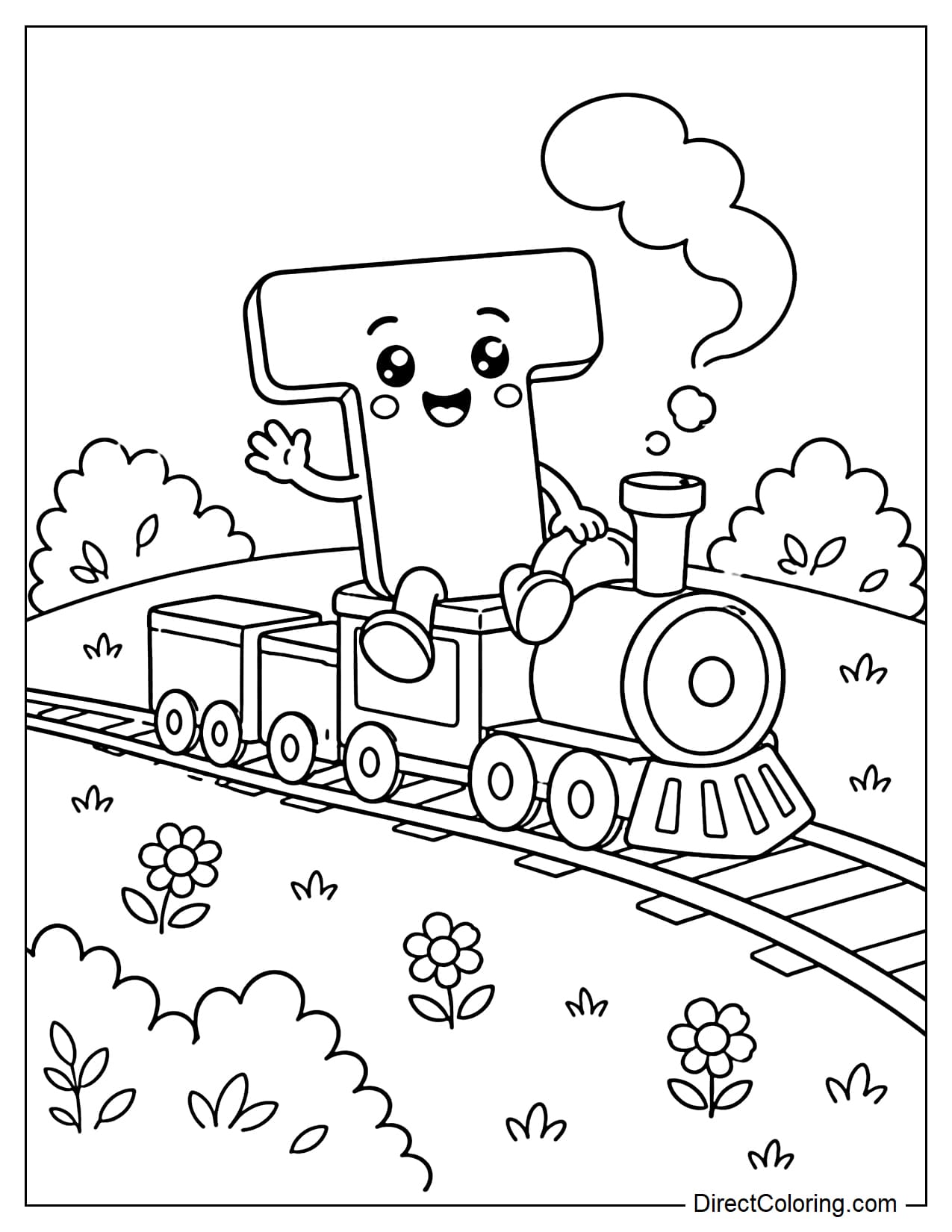 The cheerful letter T is sitting on a small train running through a meadow, surrounded by some bushes and smoke.