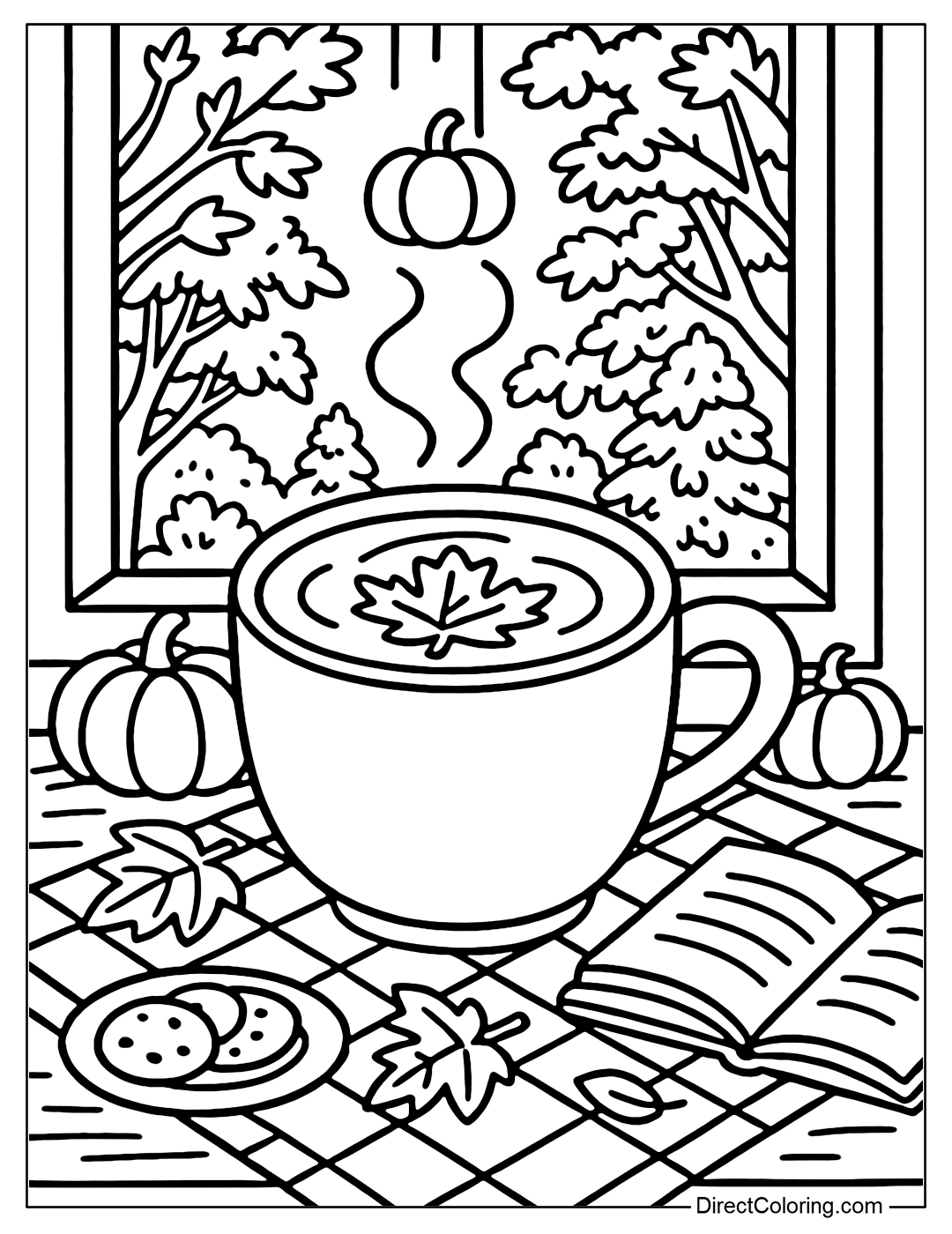 Coloring page of an autumn latte with maple leaf motifs on the surface, the heat forming a small pumpkin, the wooden table covered with a cozy red and white checkered tablecloth.