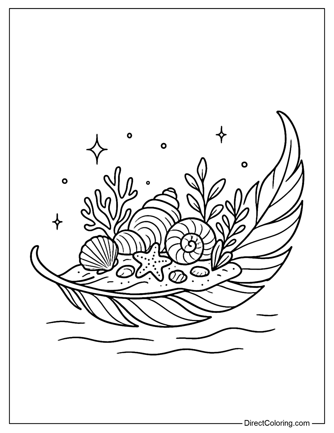 Coloring page of a curved feather like a boat, the middle of the feather is a small island with shells, snail shells, starfish clustered in the center.