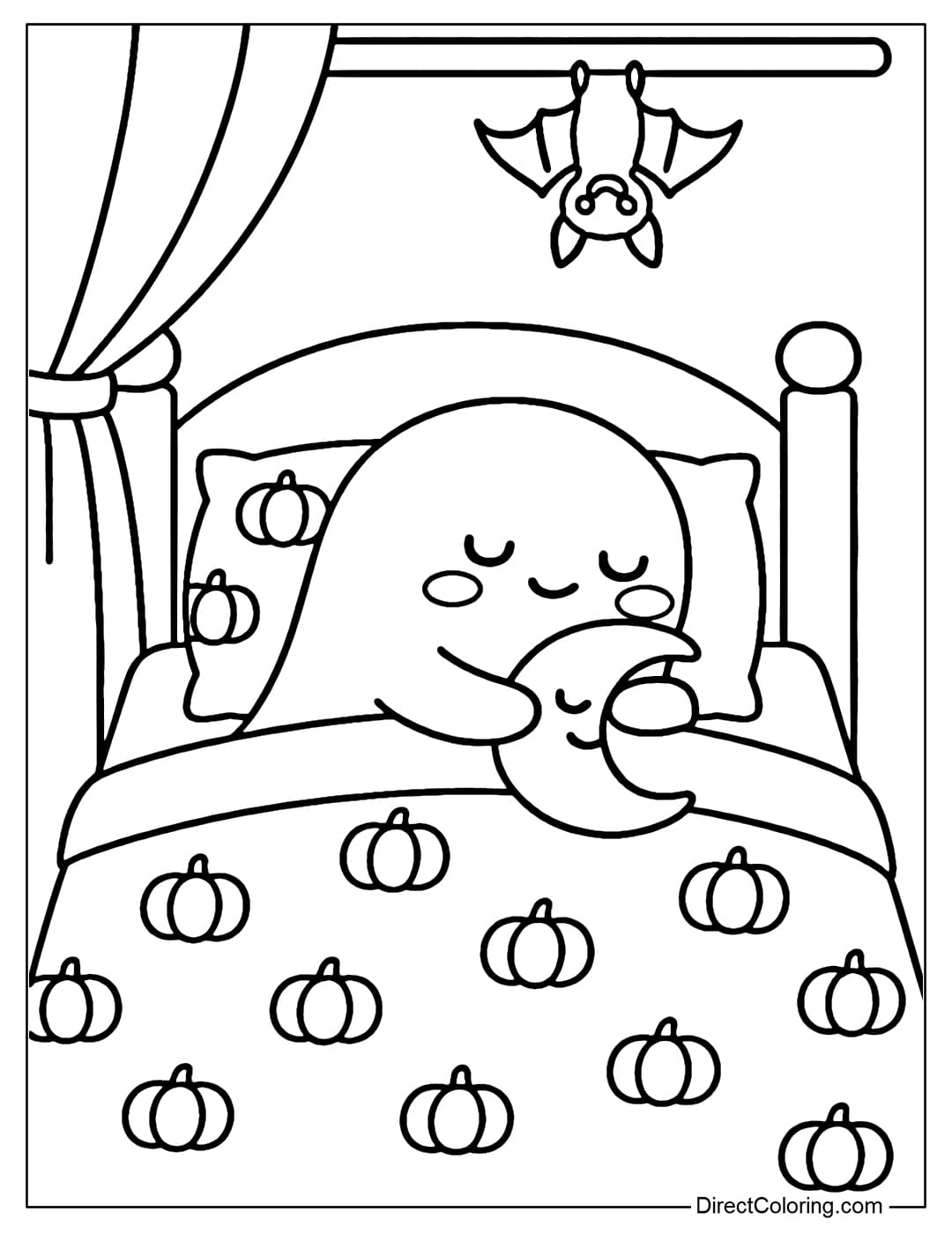 Cute bedroom coloring page, pumpkin printed pillows and blankets, bats hanging upside down on the curtains, a little ghost sleeping peacefully hugging a moon pillow.