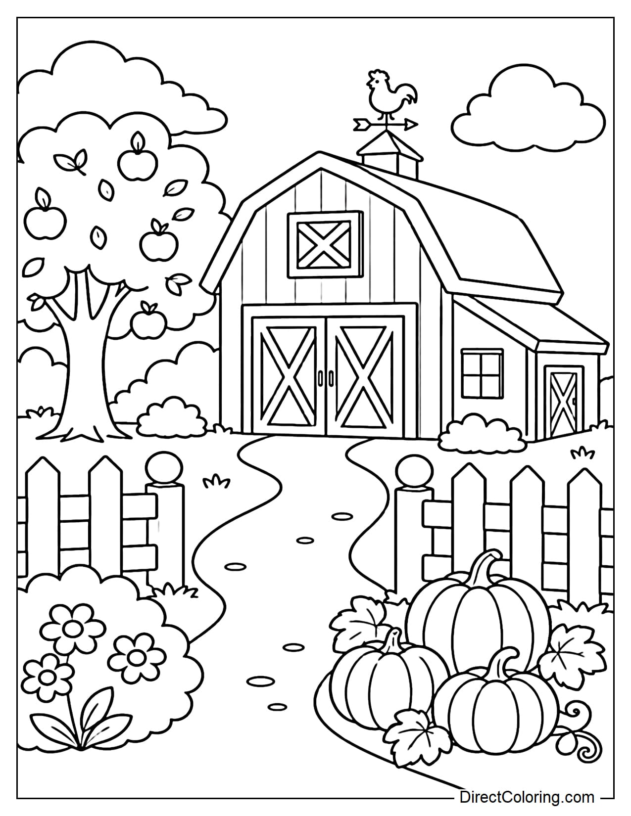 A farm with a large wooden barn, a fence, an apple tree, a few small squashes, and a dirt road leading into the yard, a scene of early autumn.