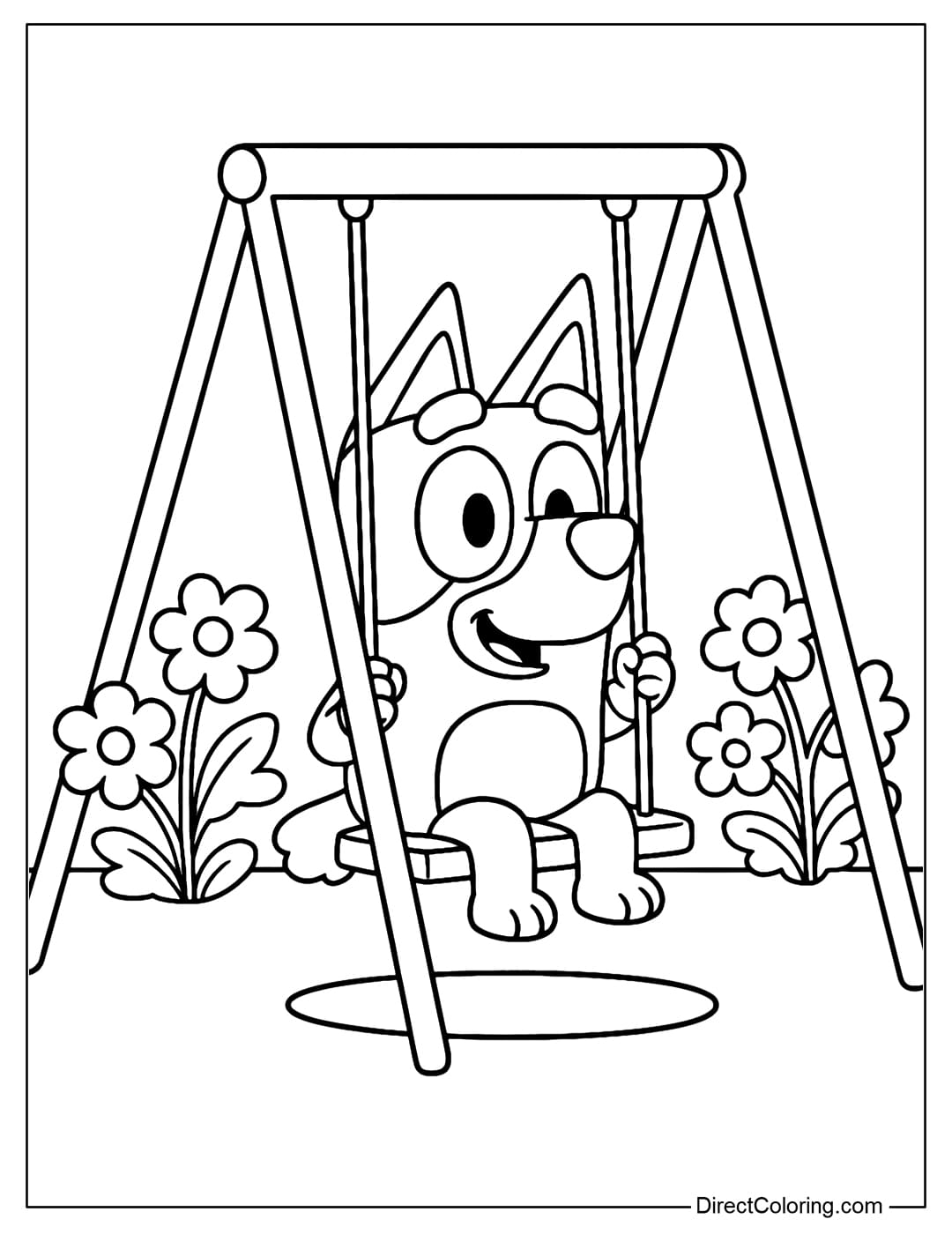 Bluey Coloring Page sitting on a swing in the playground. The swing hangs on an A-frame.