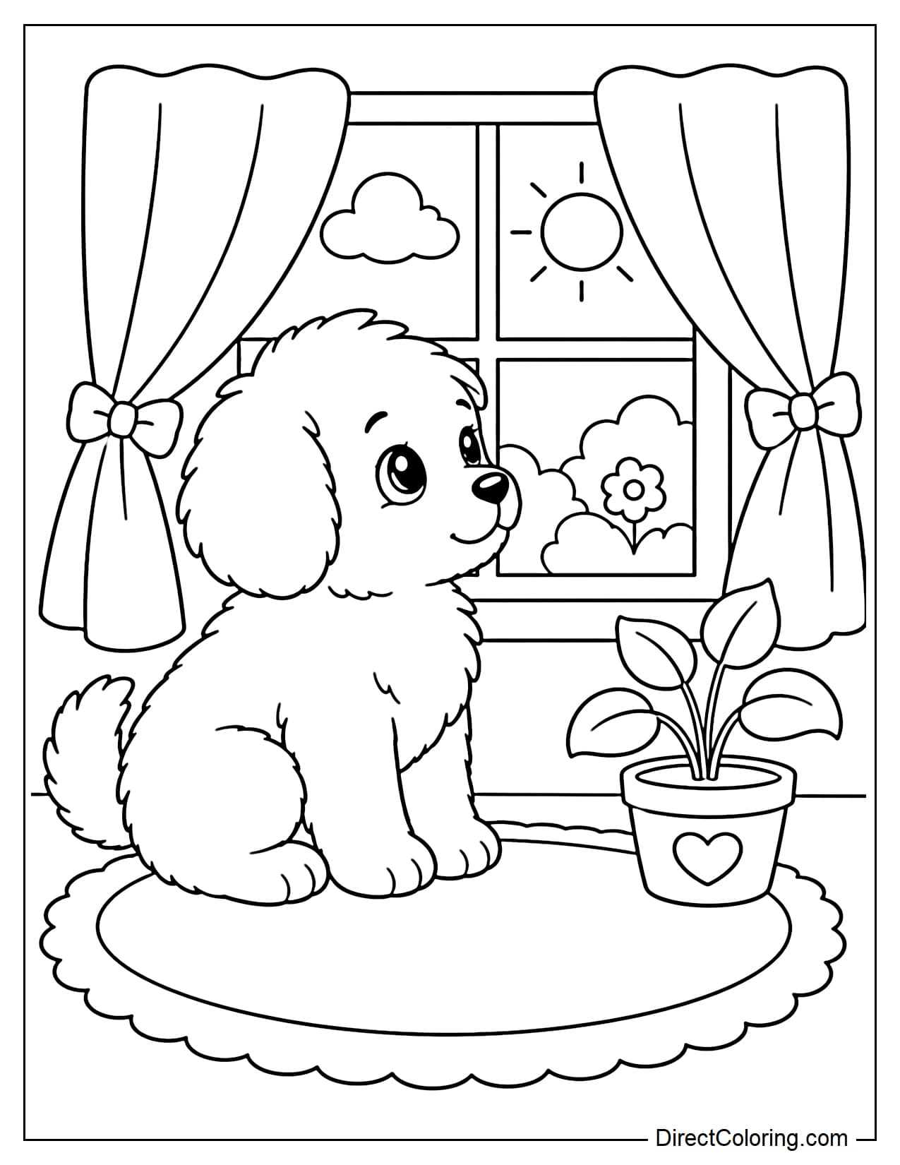 A fluffy, chubby puppy sits by a small window, looking outside, with a small potted plant, a round rug, and curtains beside it.