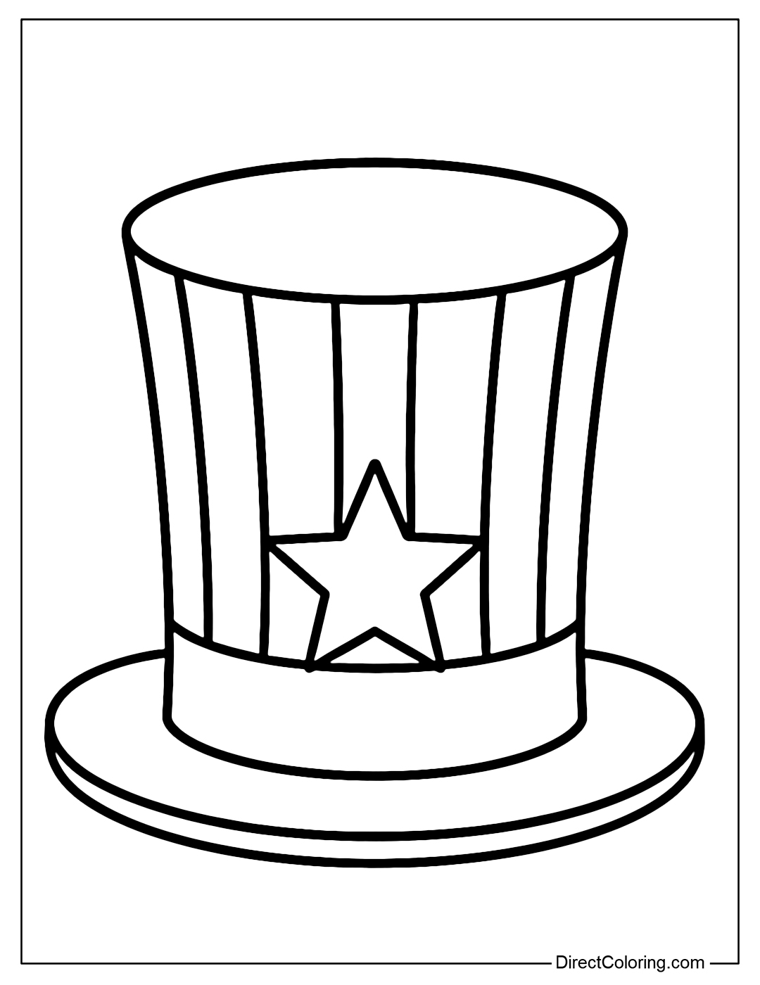 A coloring page of a tall hat (Uncle Sam hat) with red and white stripes and a large star in the middle.