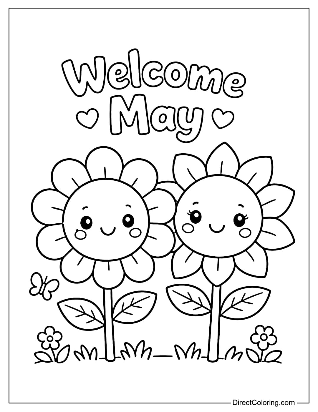 Two large flowers with cute faces stand side by side, with simple leaves and stems, and the words 