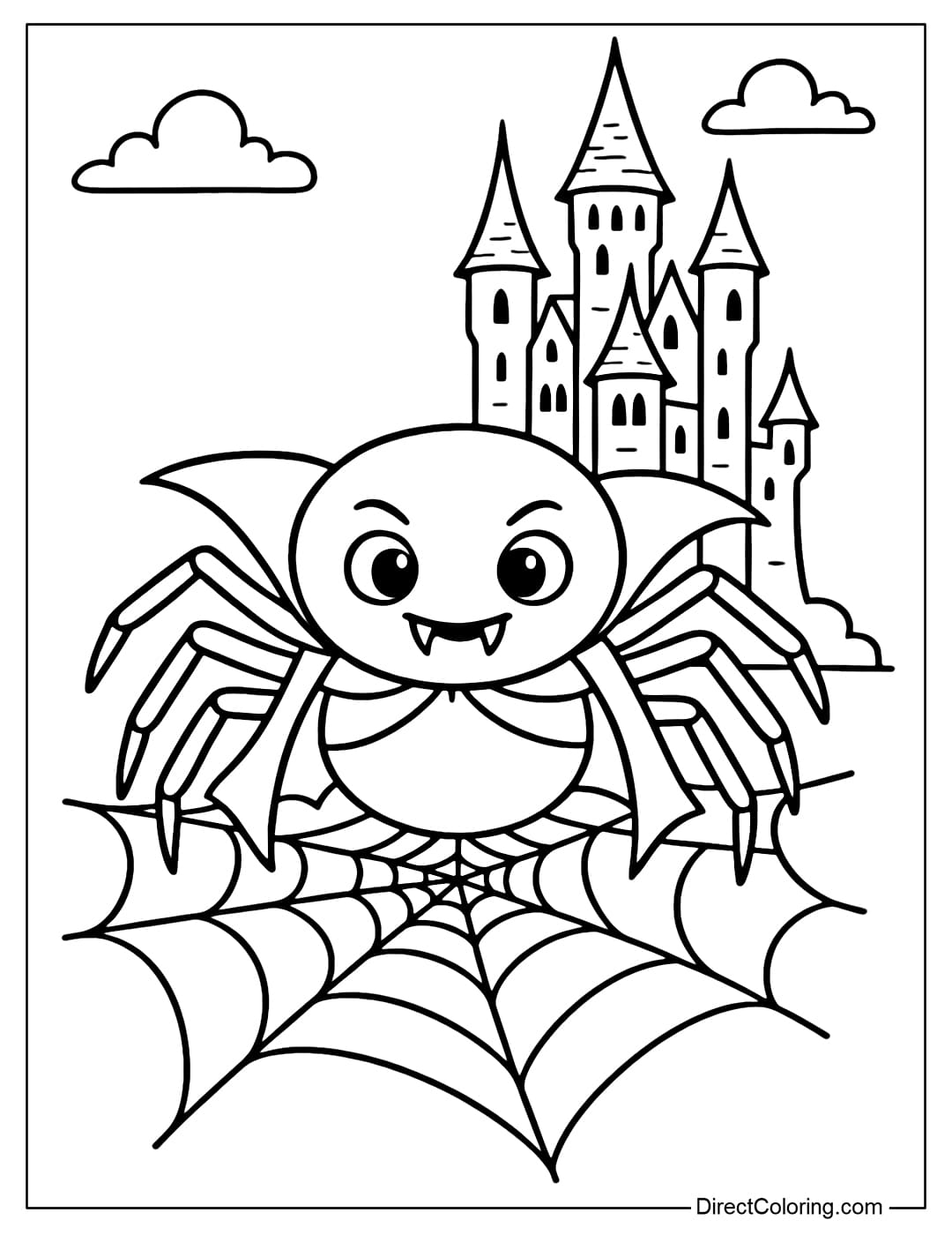 A vampire spider coloring page with a red cape, small fangs, standing on a coffin-shaped silk web, behind is a dark Gothic castle.