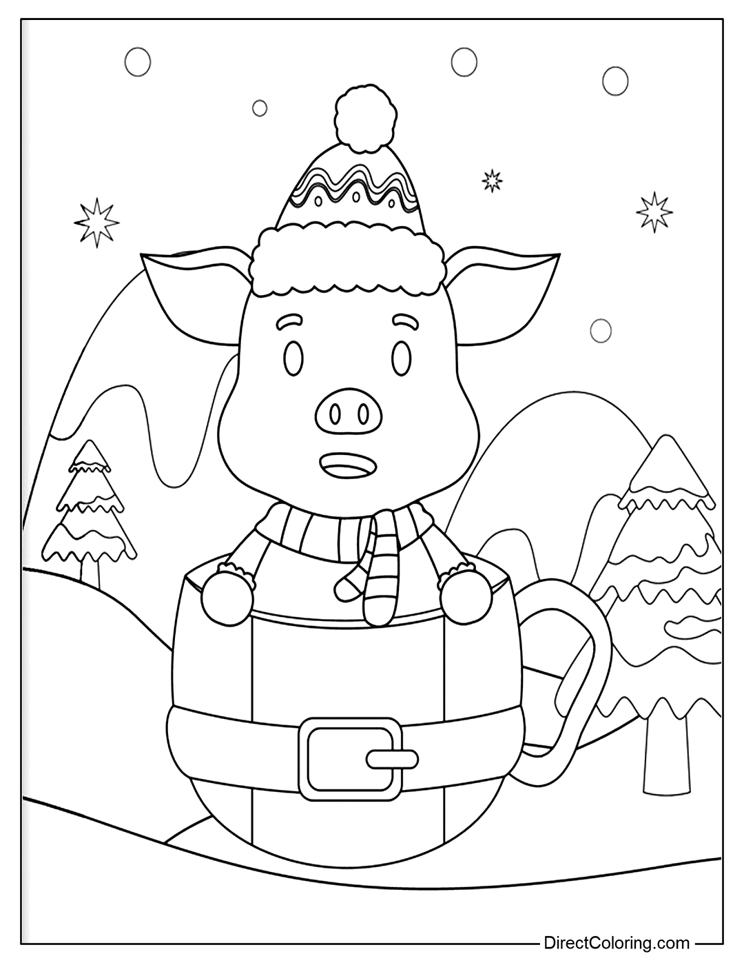 Christmas Pig in a Cup Coloring Page