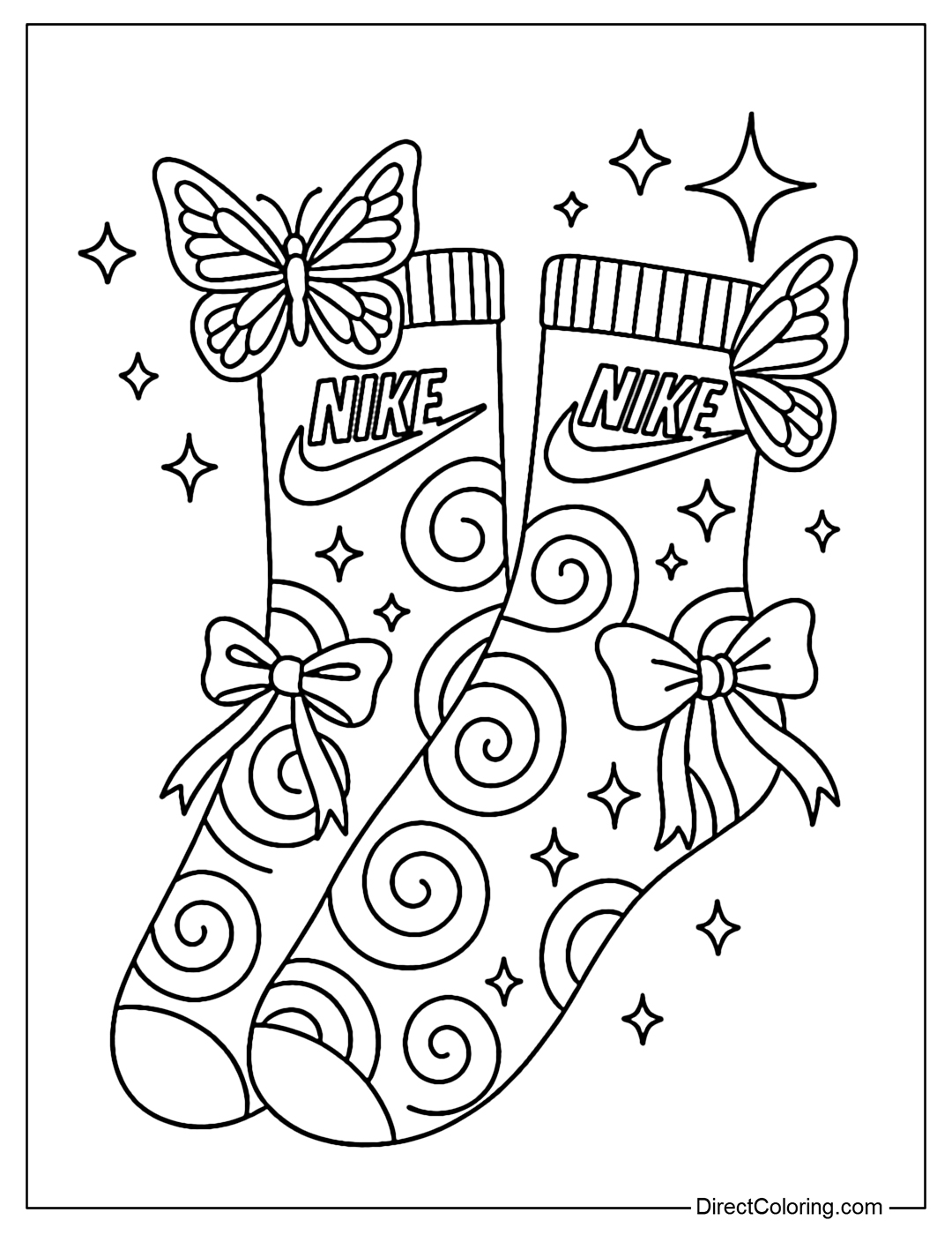 Nike socks coloring page with swirl pattern, delicate ribbon ties, butterfly wings and magical stars on the collar.