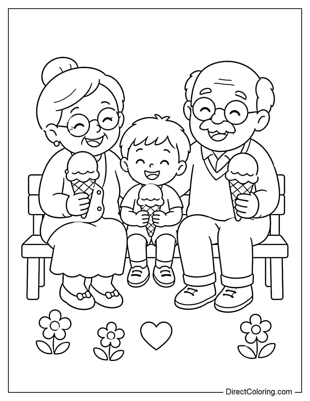 The grandparents and their grandchild are sitting together on a small bench, each holding a large ice cream cone and laughing happily.