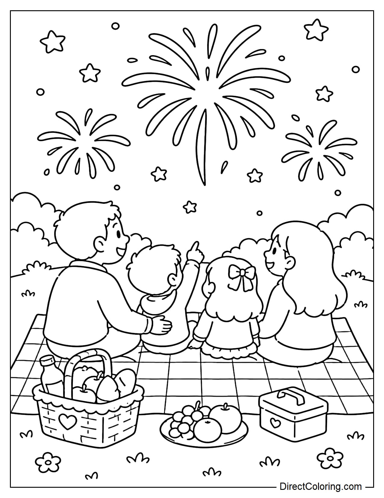 A small family sits on a picnic blanket watching fireworks in the night sky, with a basket of food and a few stars around them.