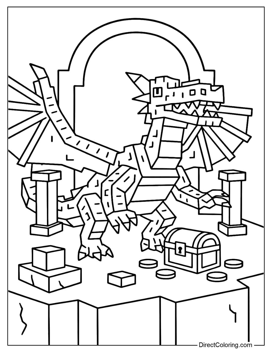 Dragon Cannelloni Coloring Page from Steal a Brainrot Roblox game guarding the treasure, there is a lego chest, some coin-shaped bricks and two lego pillars on either side of the entrance.