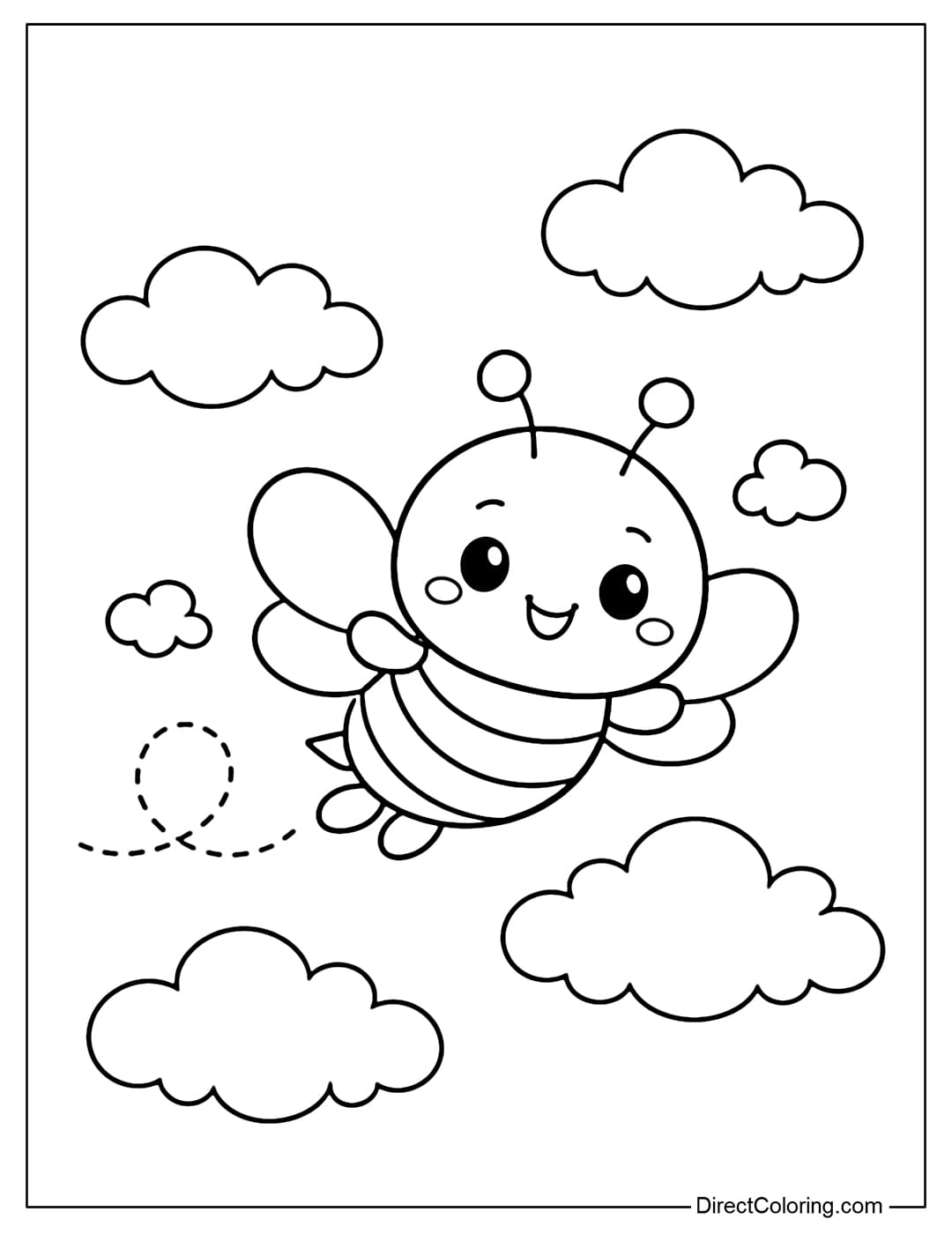 A coloring page featuring a bee flying among cute, round clouds.