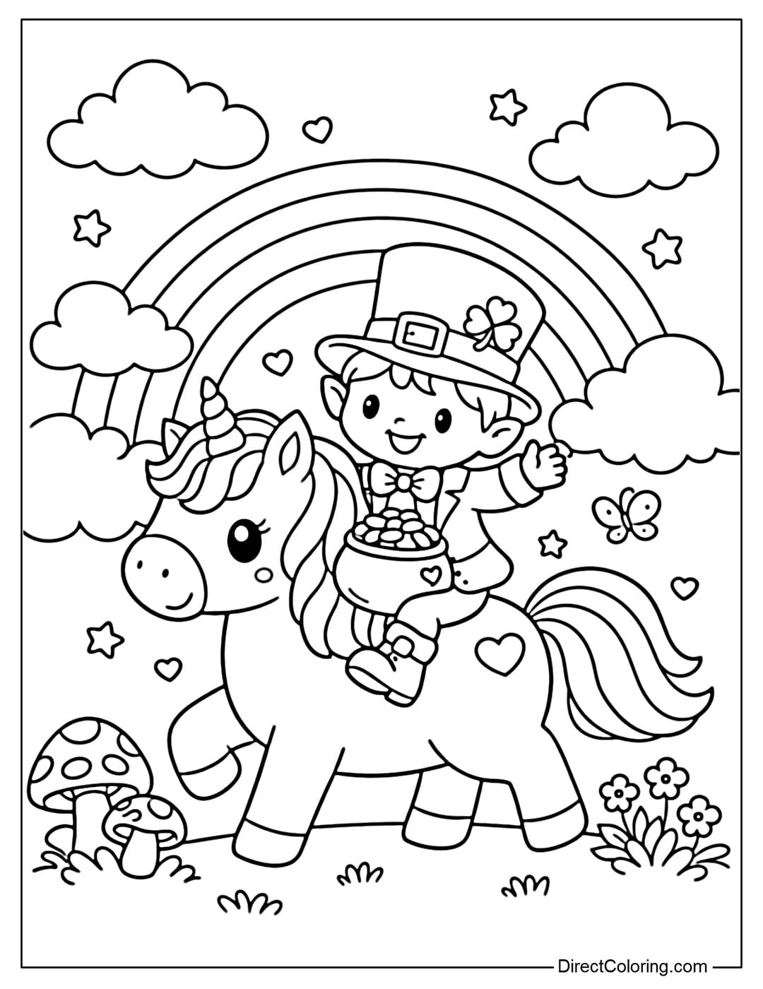 A coloring page of a Leprechaun riding a unicorn in a fantasy world, with a rainbow and drifting clouds in the background.