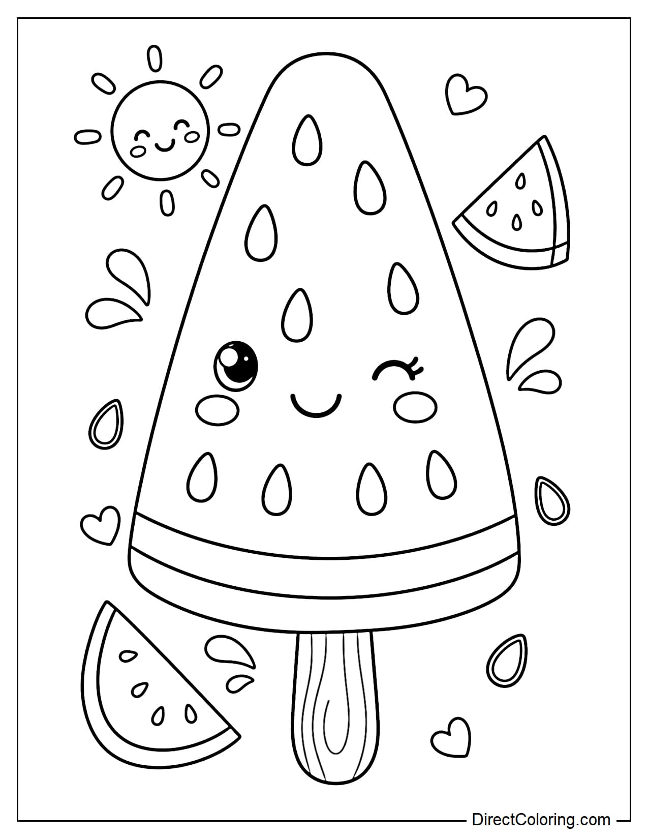 A giant watermelon popsicle that takes up most of the page, with several large watermelon seeds and small watermelon slices on the side.