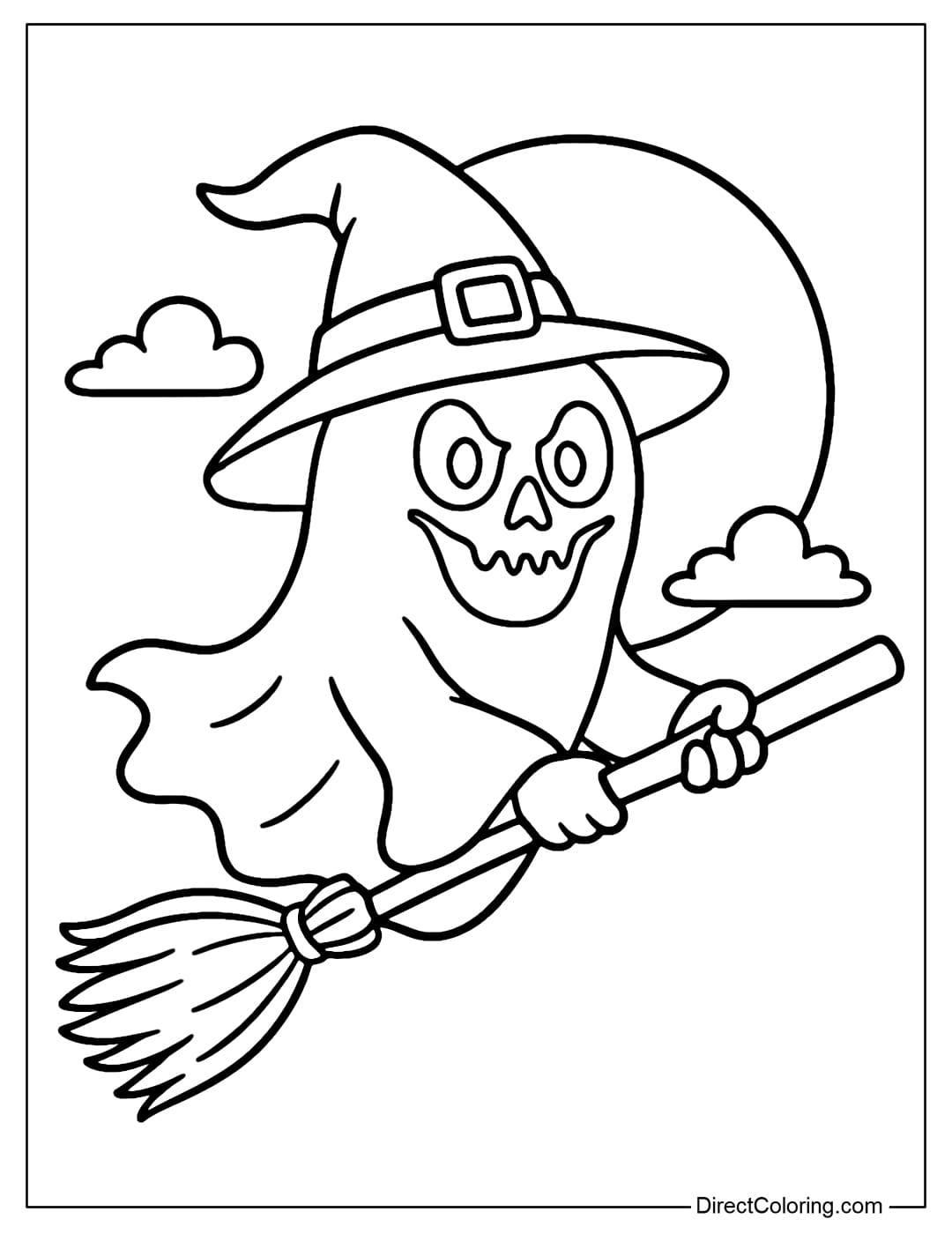 A ghost coloring page wearing a witch hat, holding a broom flying across the full moon sky, both creepy and cute.