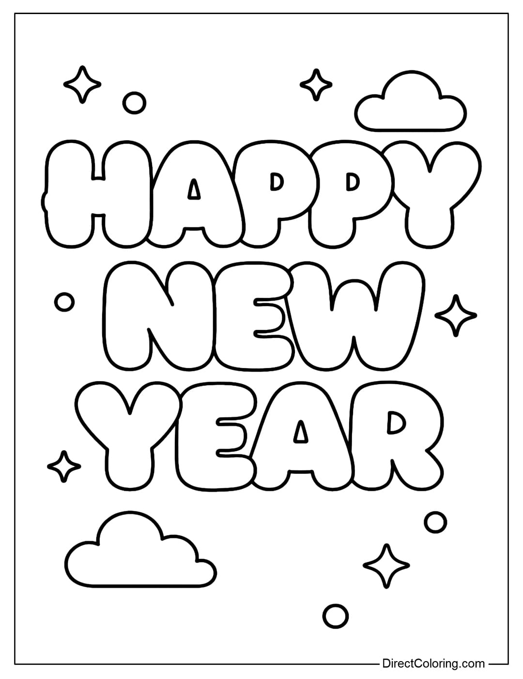 A coloring page of Happy New Year designed like plump, soft, rounded puffy clouds.