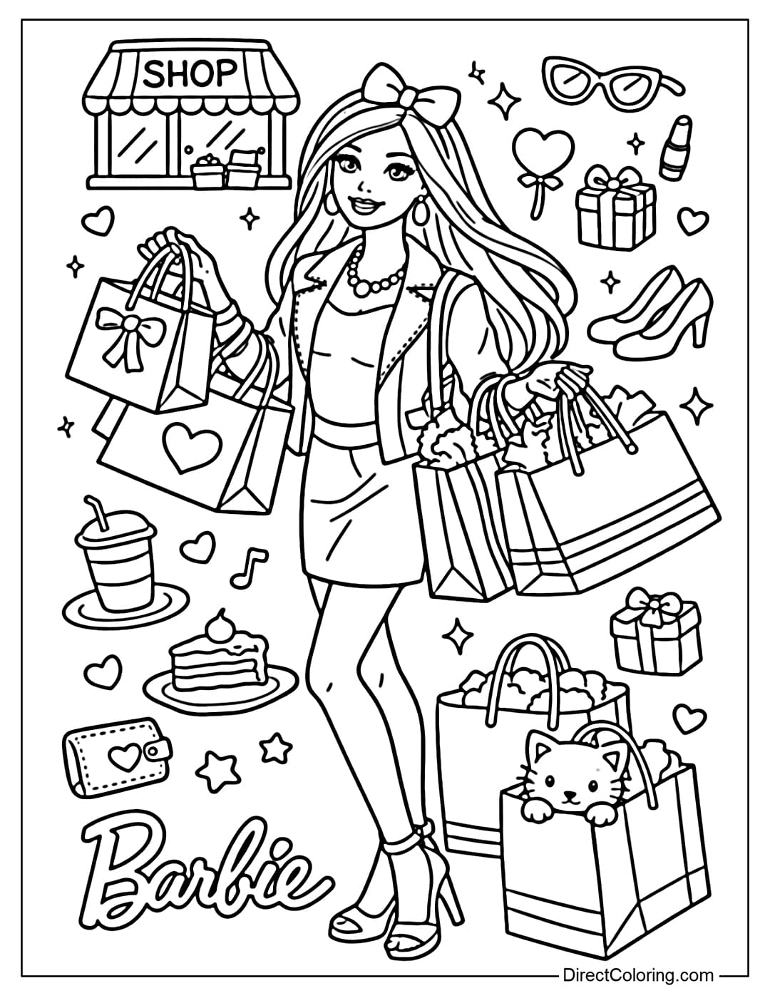A coloring page of Barbie shopping with many fashionable bags.