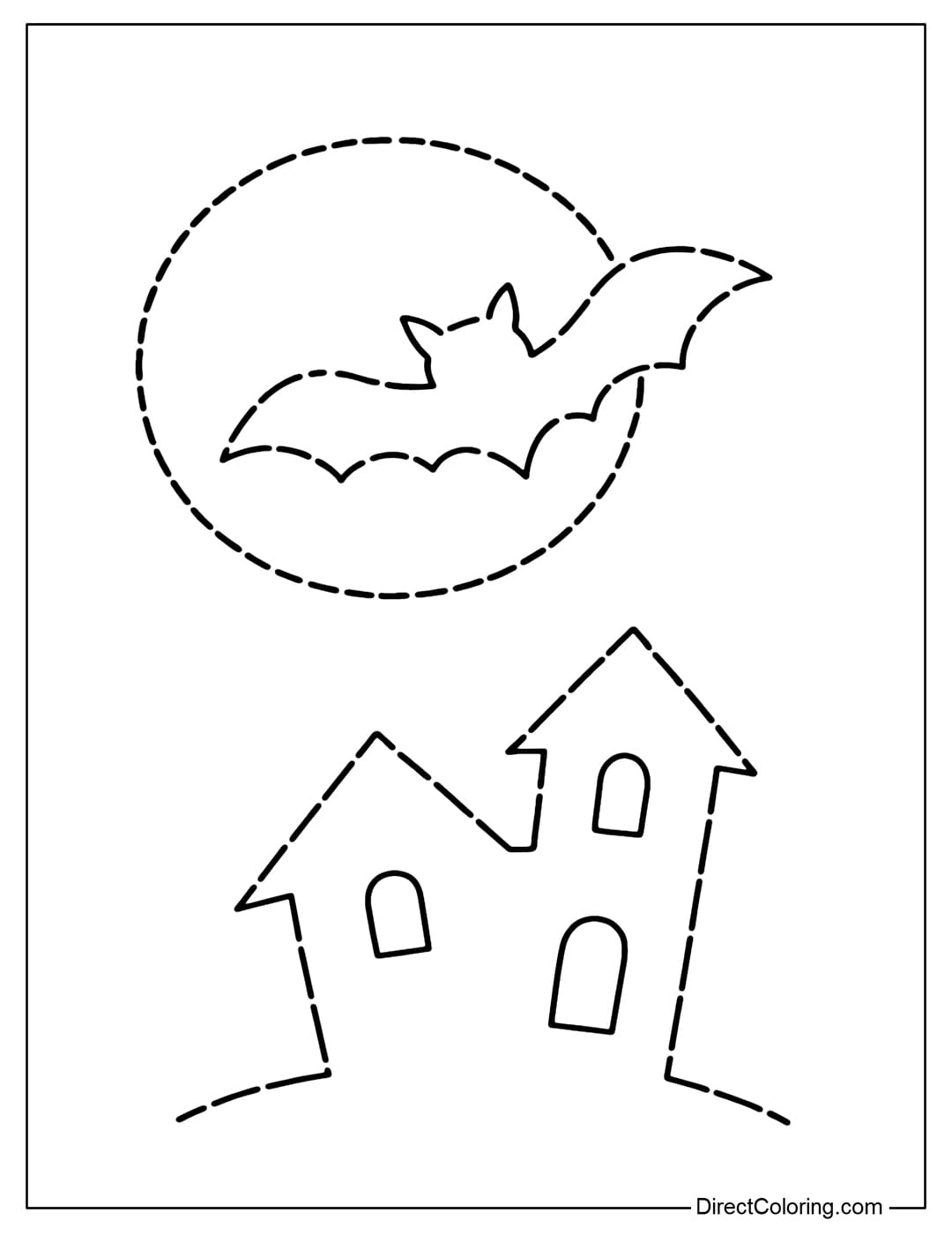 A full moon coloring page with bats flying by and a small haunted house, with light dashes.
