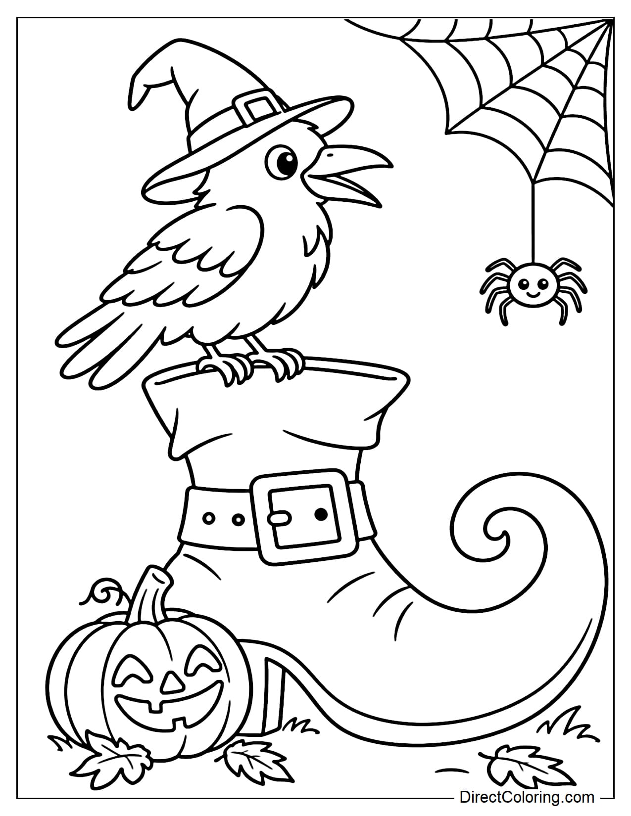 A Halloween raven perched on a giant curled-toe witch boot, with a small jack-o'-lantern beside the boot and a spiderweb above with a little spider hanging down.
