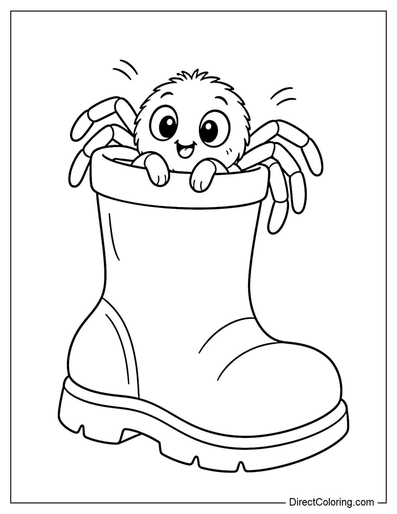 A cute little spider peeks out of a large boot, with its two front legs resting on the edge and its wide eyes looking curiously outside.