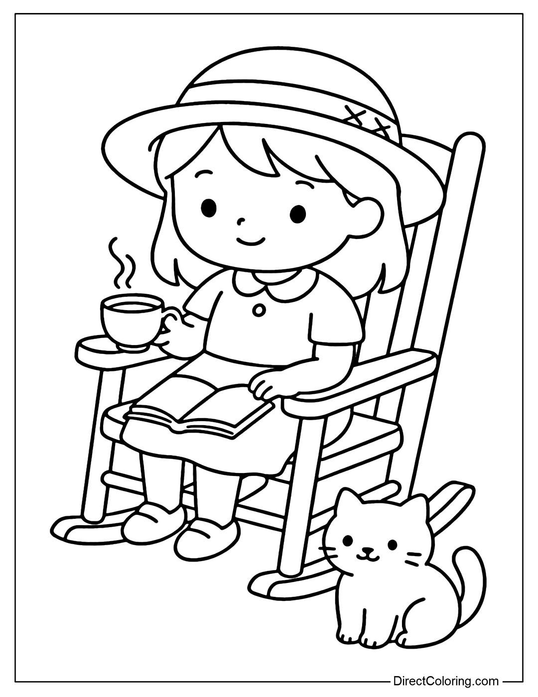 A coloring page of a little girl wearing a straw hat sitting on a rocking chair, holding a cup of tea, an open book next to her and a cat sitting at her feet.
