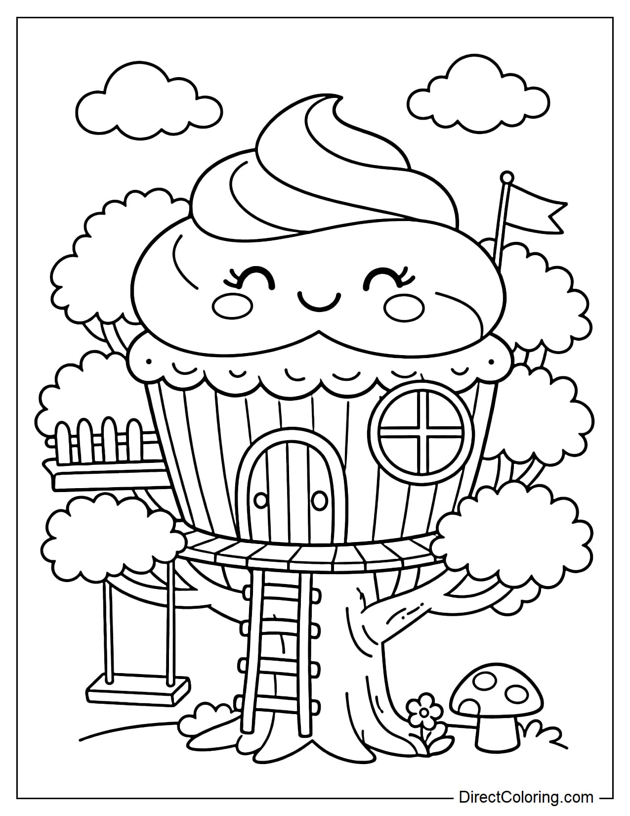 A treehouse shaped like a large cupcake perched on a tree, with a simple base, a swirling frosting on top, and a smiley face.