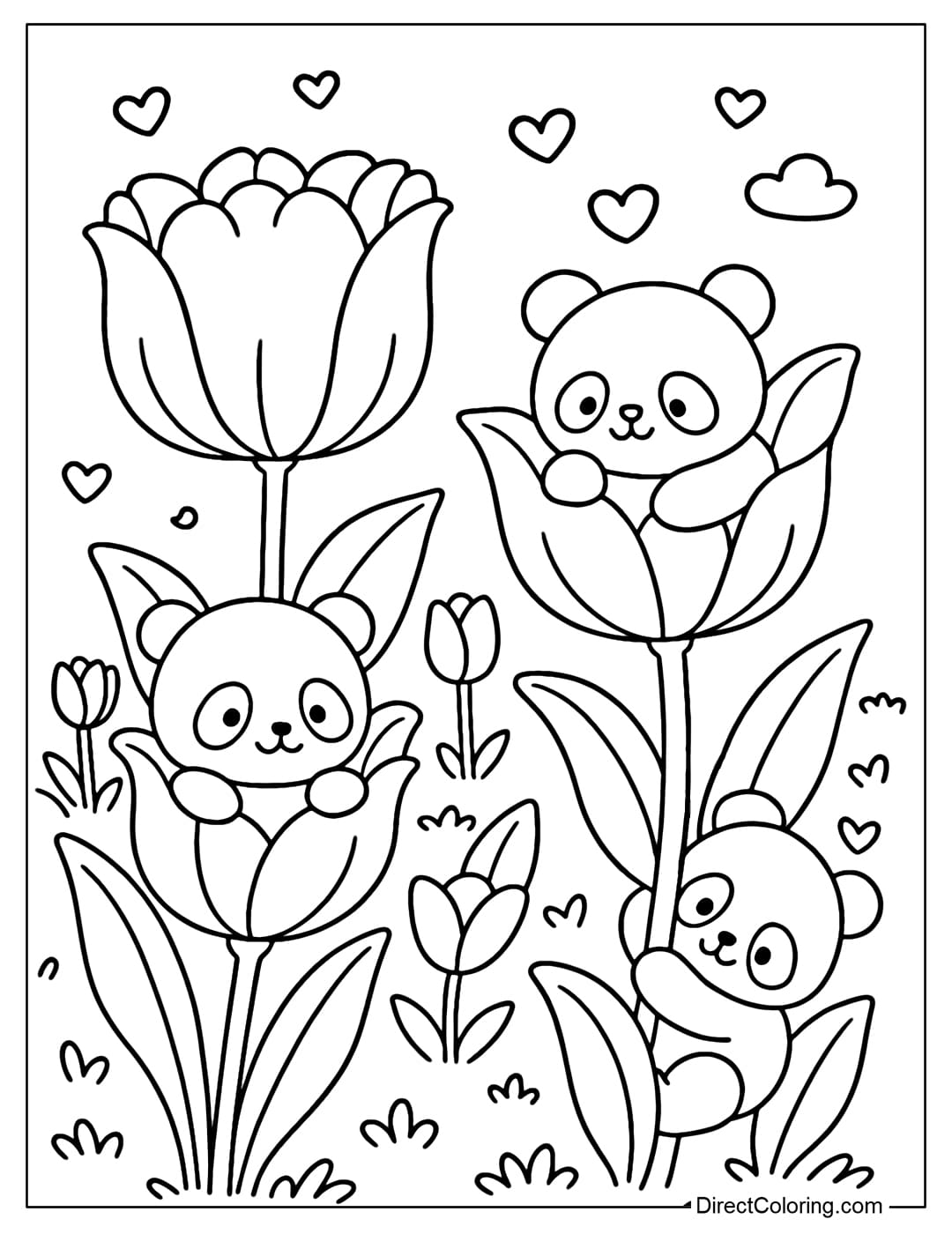Coloring page of baby pandas playing in a giant tulip forest.