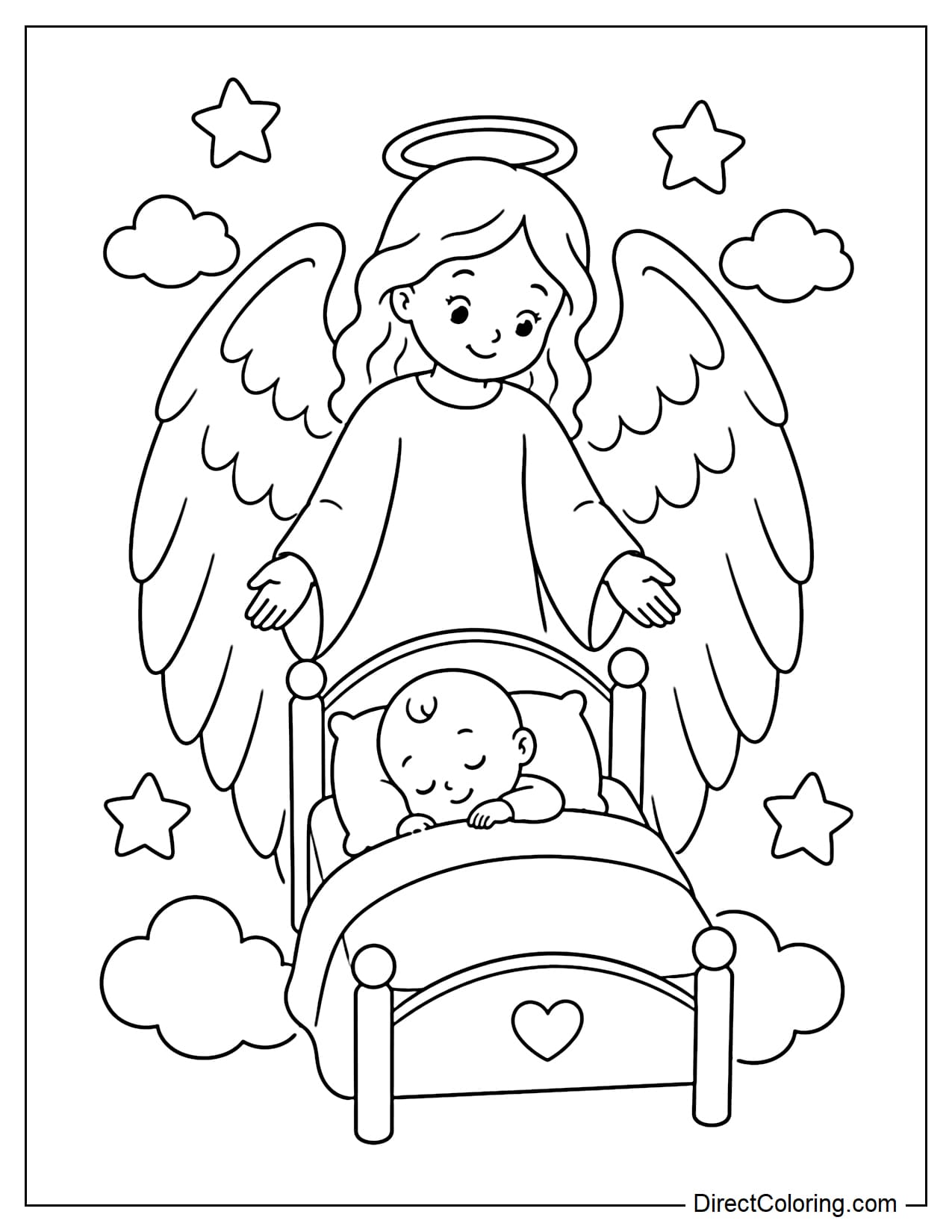 A guardian angel stands behind a child sleeping peacefully in a small bed, wings spread protectively, surrounded by stars and clouds.