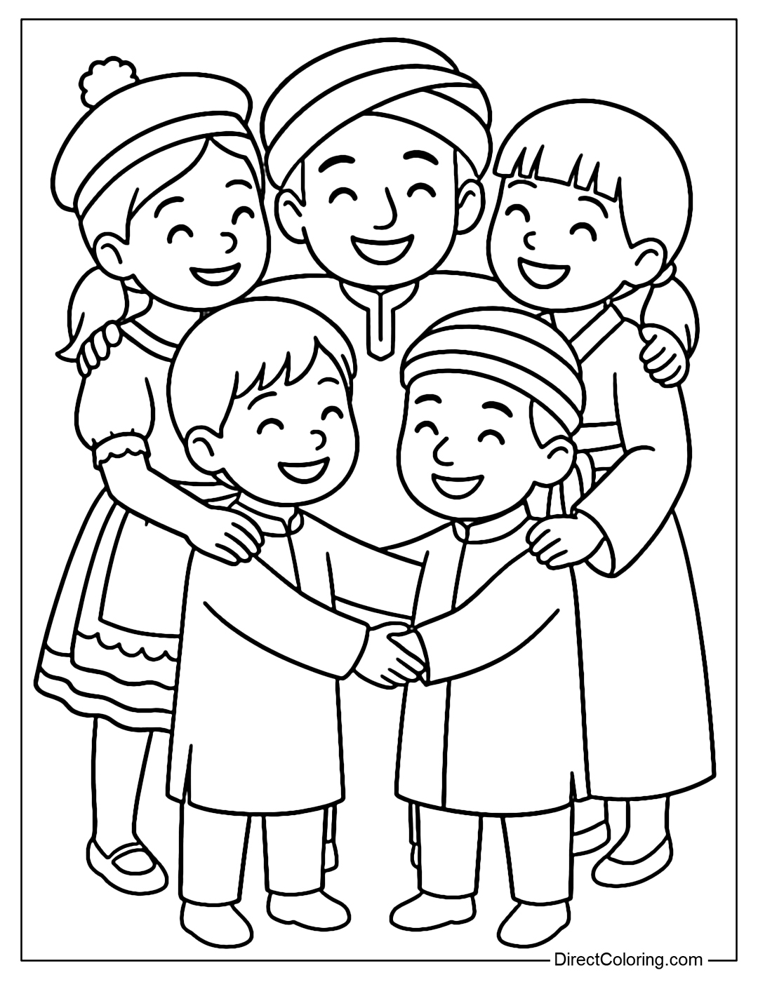 Coloring page of a group of children hugging each other, each wearing a different cultural costume.