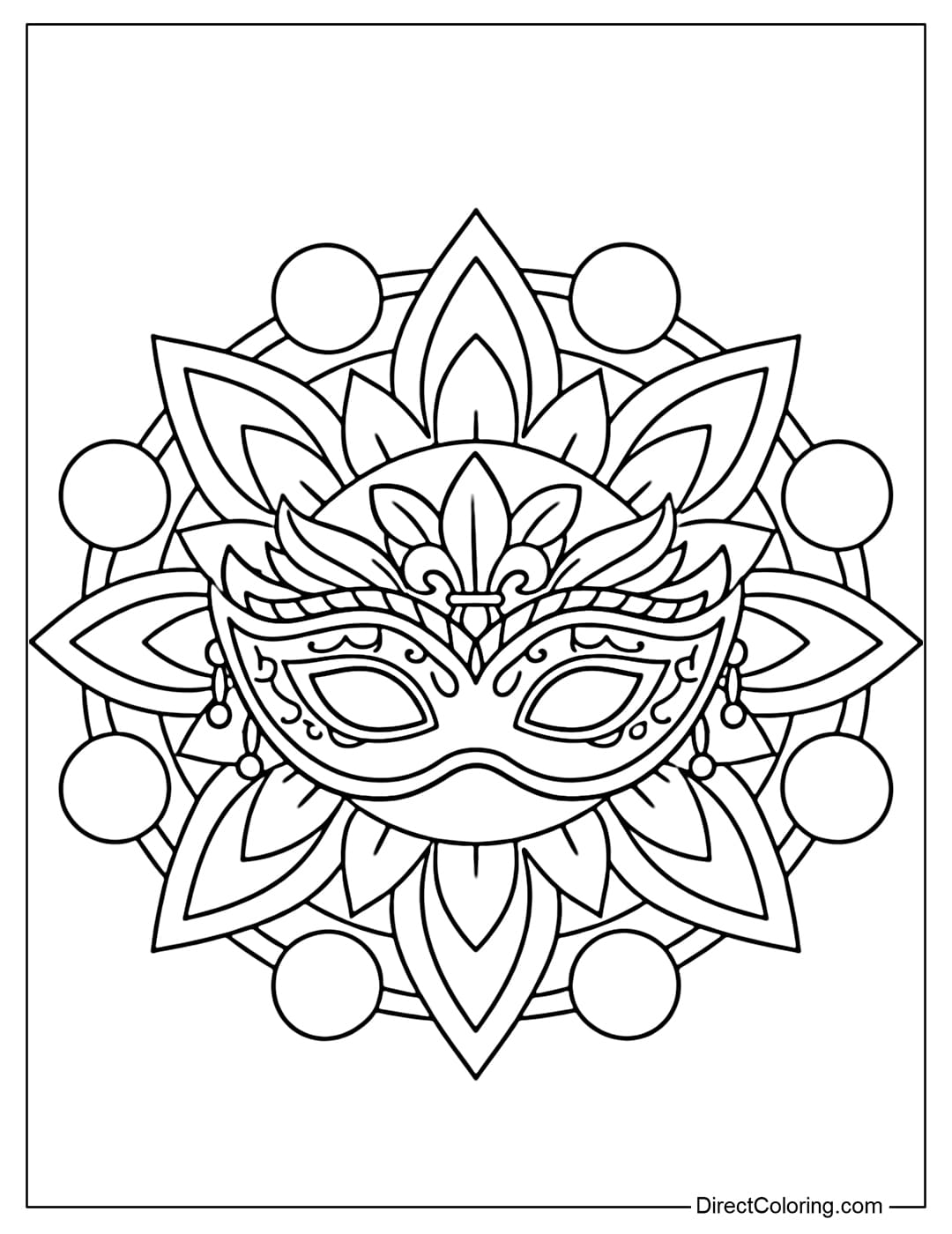A Mardi Gras mask surrounded by a large, minimalist mandala pattern.