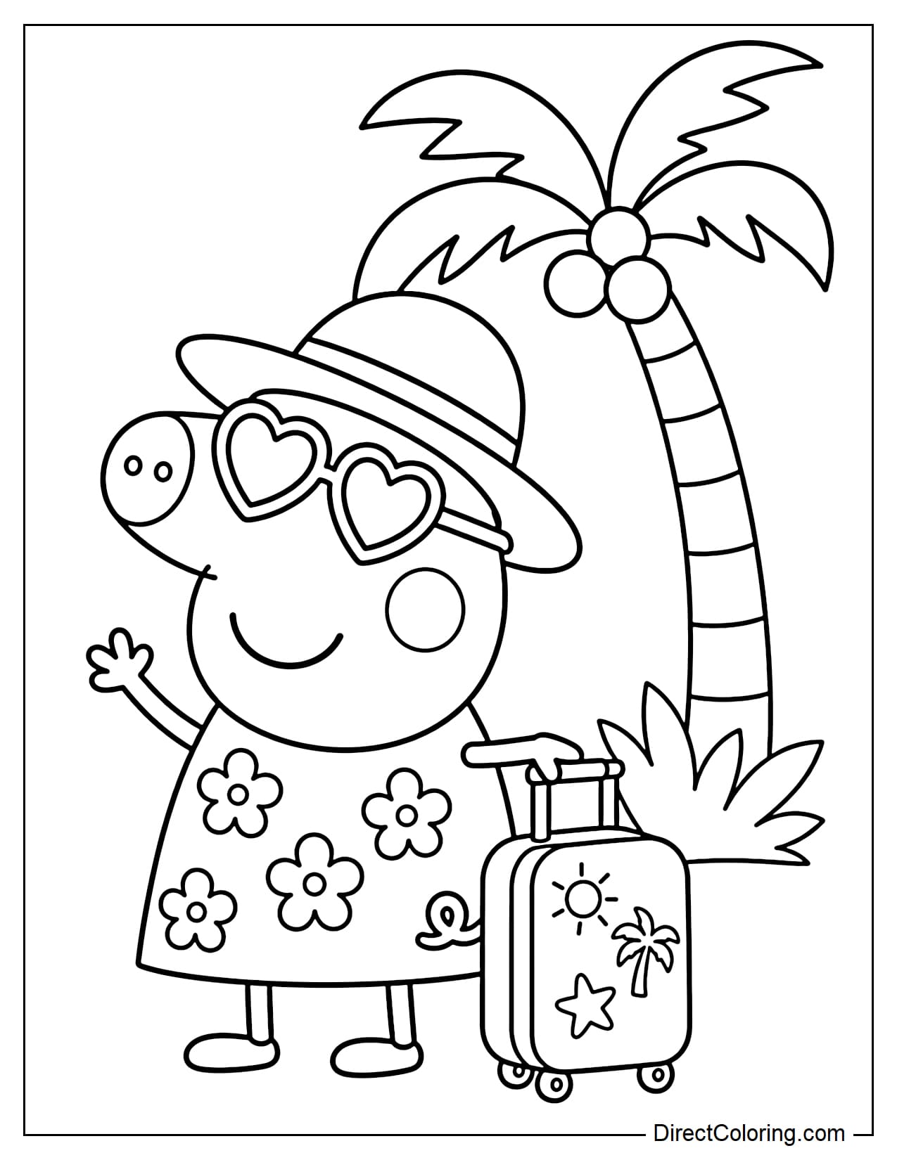 Peppa Pig is wearing sunglasses and a summer travel hat, standing next to a small suitcase and a tropical palm tree.