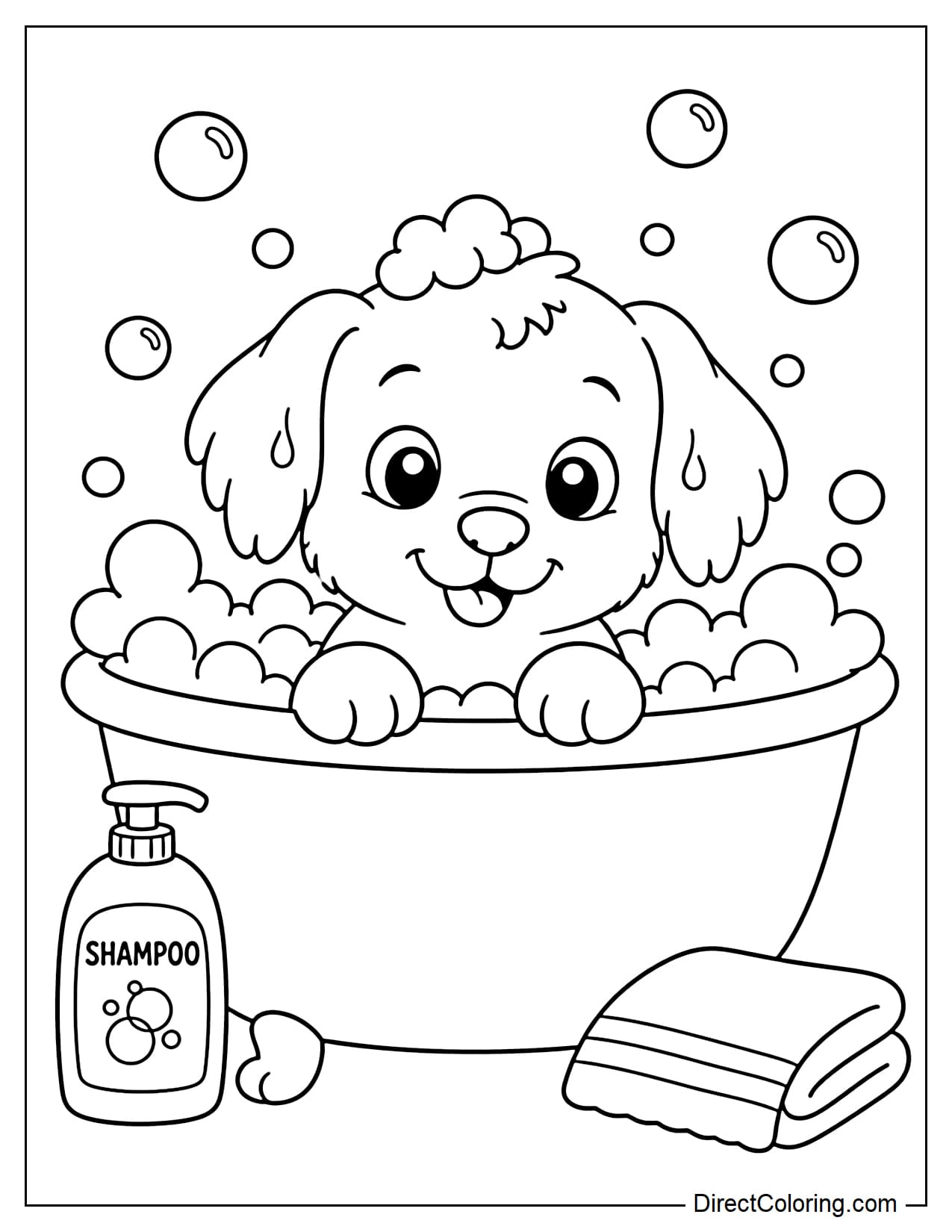 The puppy is bathing in a tub with many round bubbles, its head sticking up adorably, ears slightly wet, a bottle of shower gel and a small towel beside it.