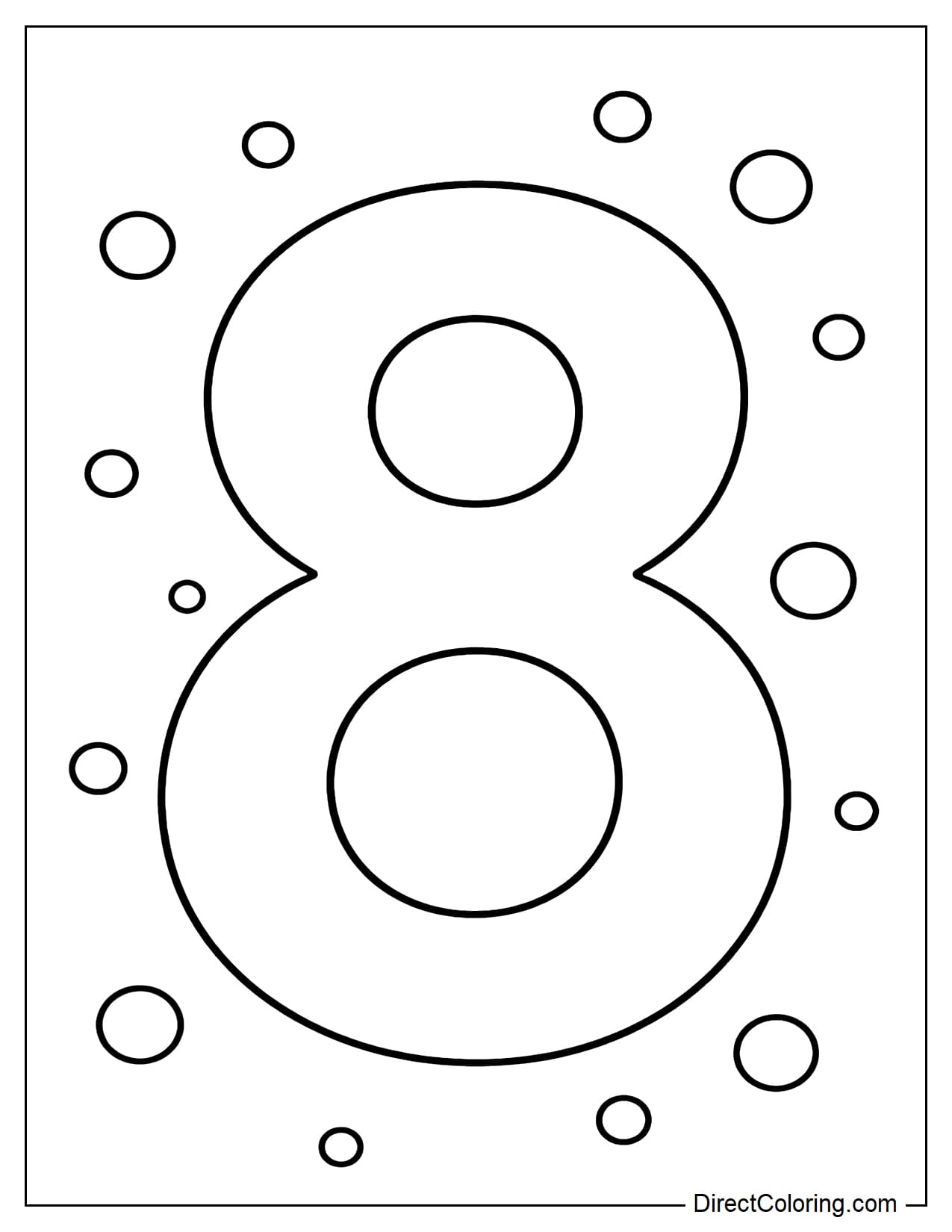 A large, simple number 8, surrounded by a few small dots.