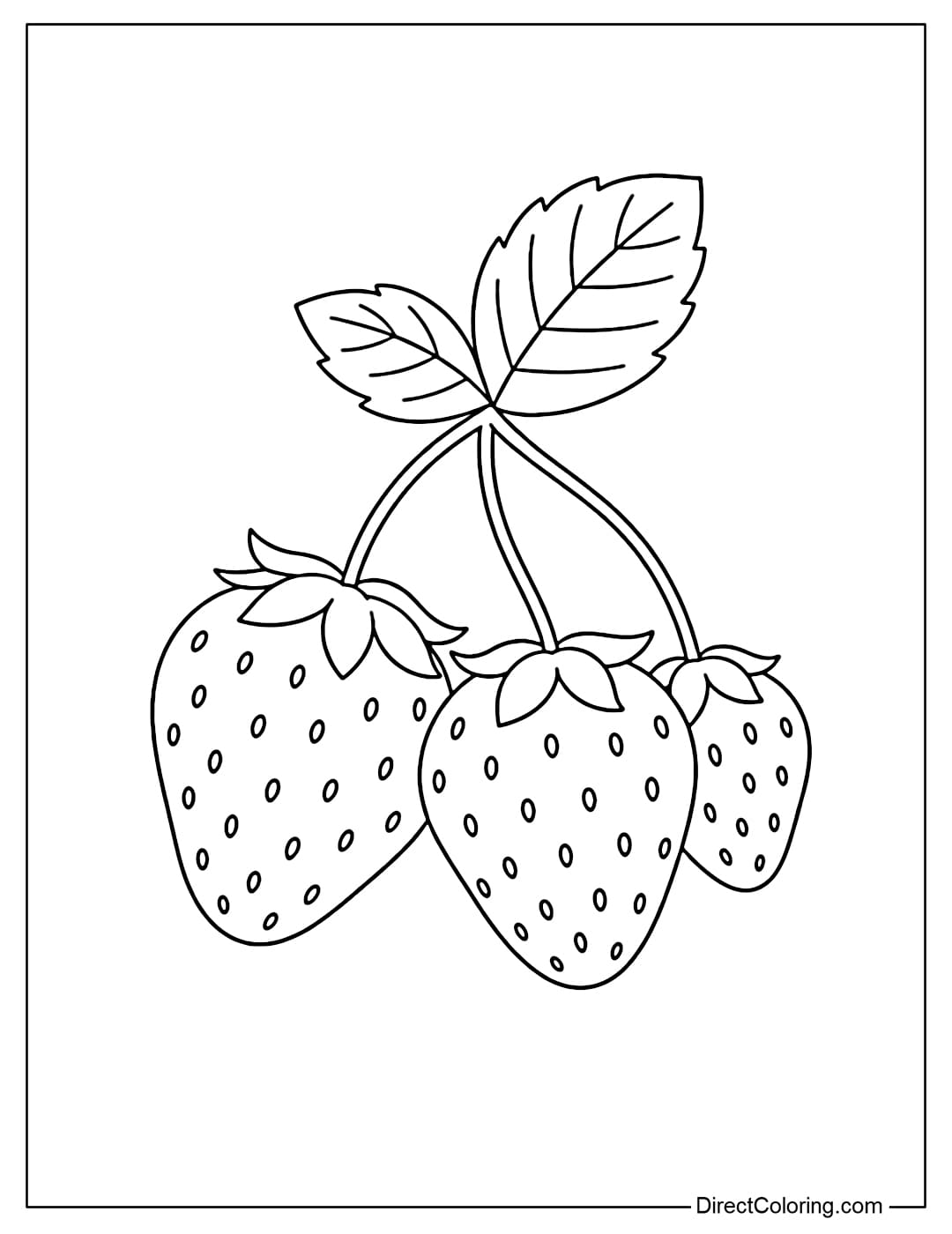A coloring page of a cluster of 2–3 small strawberries connected by a stem and simple leaves.